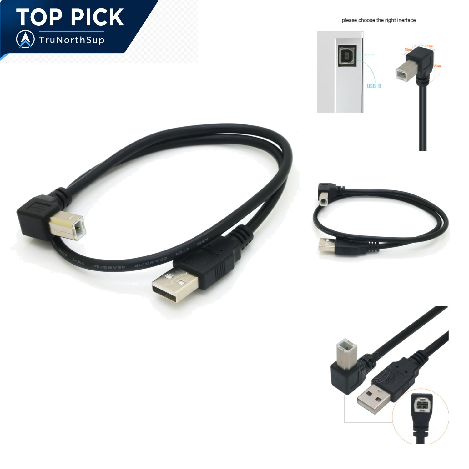 19inch USB B Right Angle Adapter USB 2.0 Printer Cable A Male to B Male 1.6ft