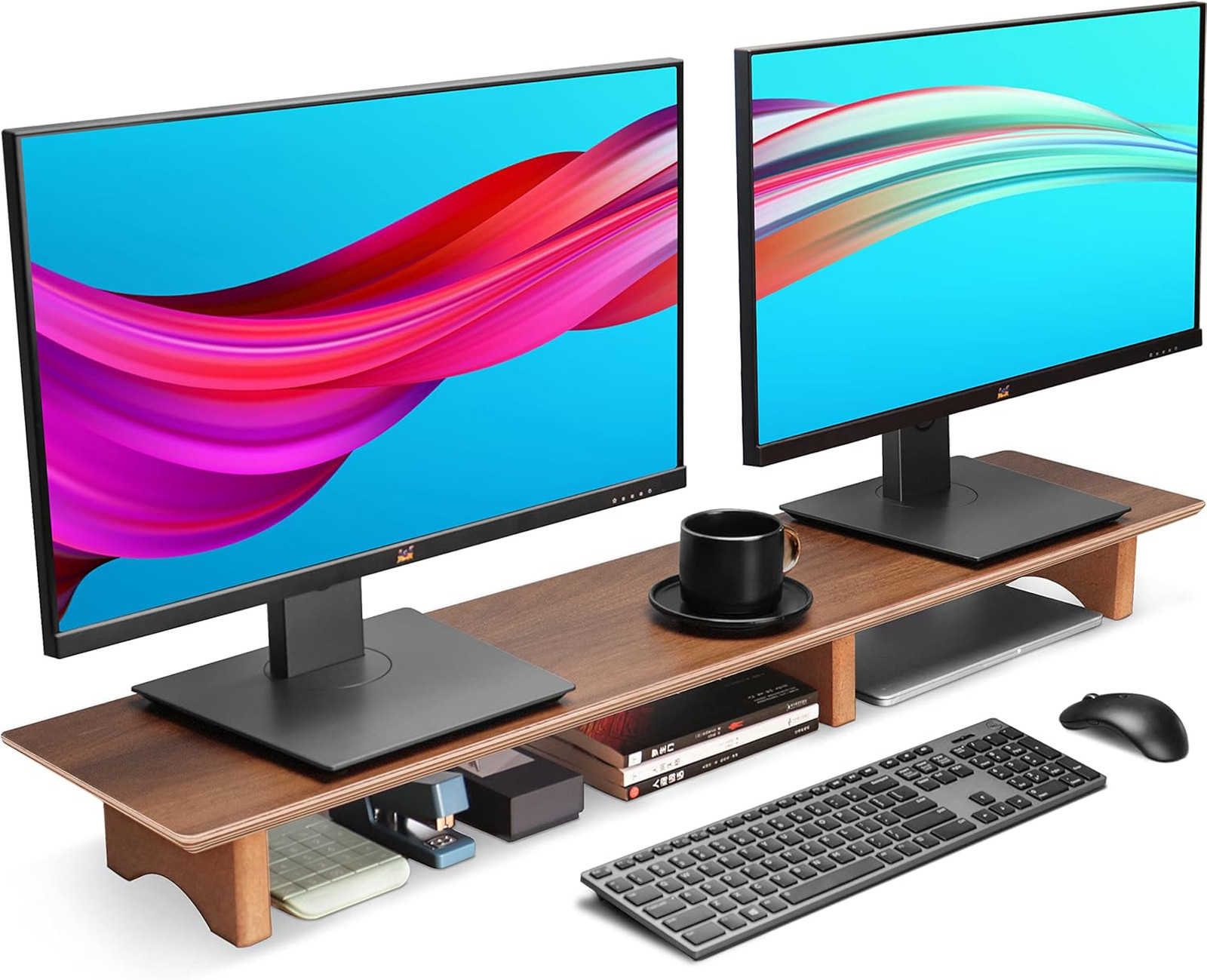 Dual Monitor Stand 43 Inch Black Walnut Finish Desk Cork Legs Supports Up to 50