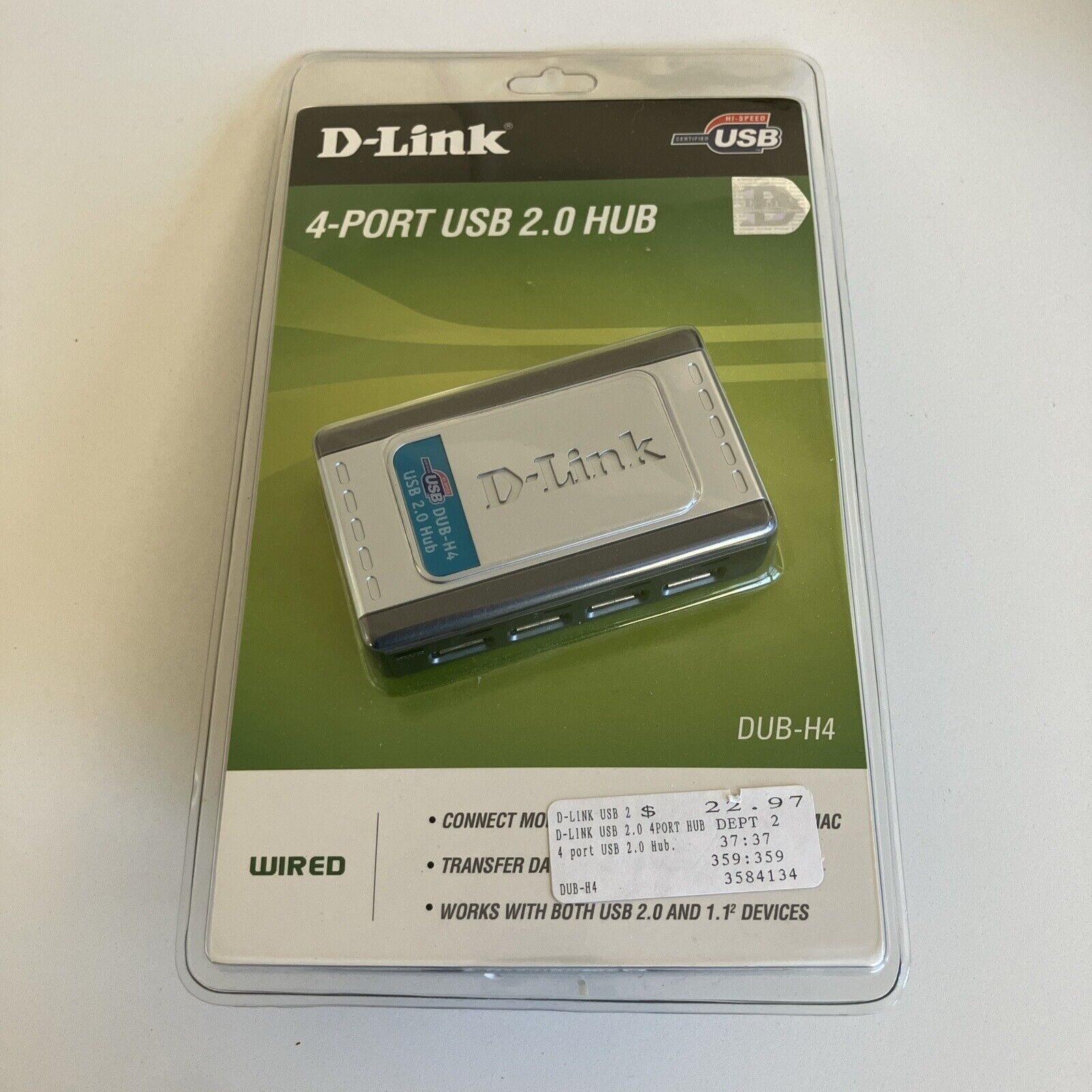 D-Link 4 Port 2.0 USB Hub Hi Speed Certified DUB-H4 PC Mac NEW