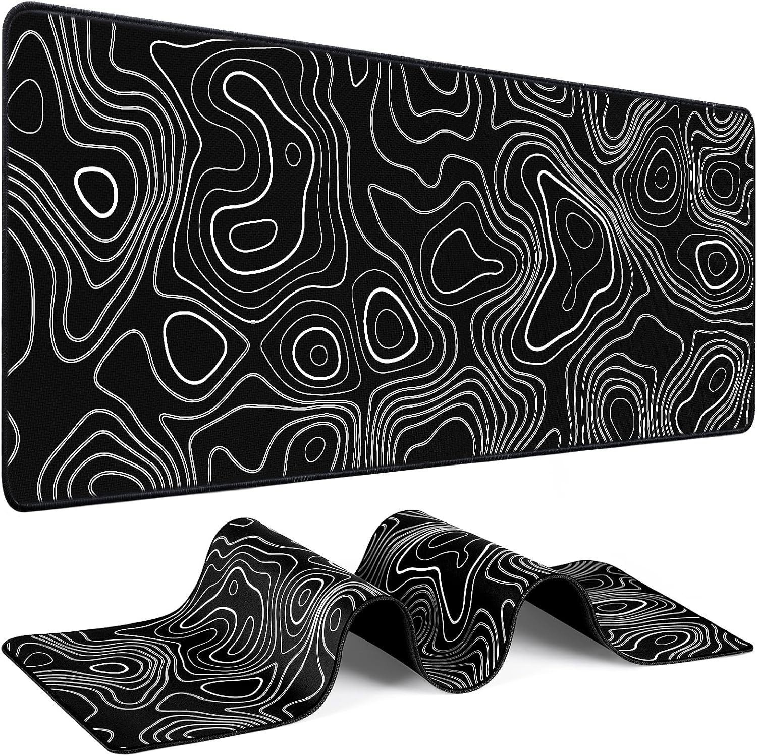 Large Gaming Mouse Pad Desk Mat 31.5x11.8 Topographic Black Non-Slip XL