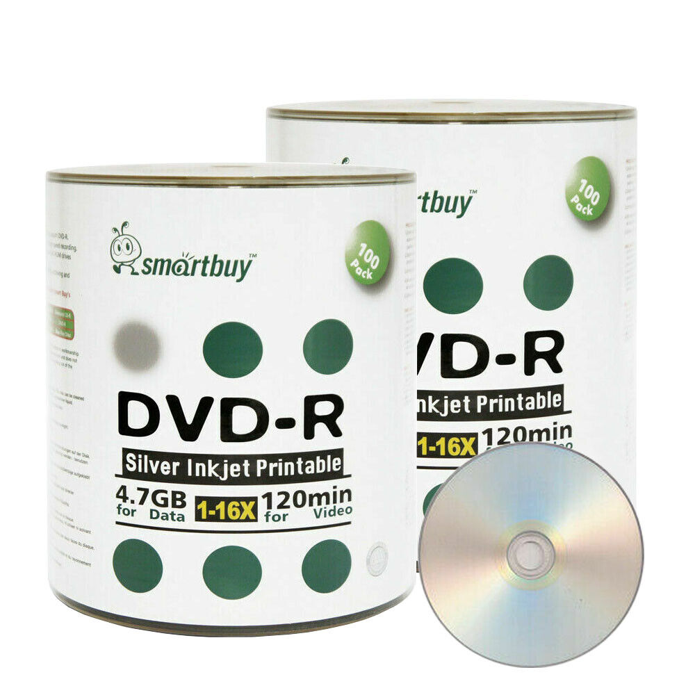 200 Smartbuy 16X DVD-R 4.7GB Silver Inkjet Printable Blank Recording Disc