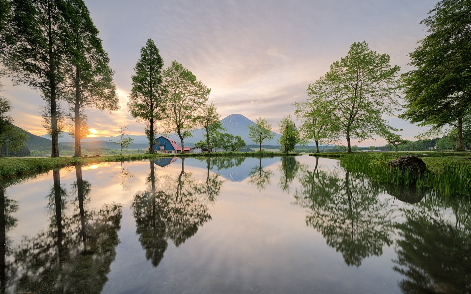 Landscape nature japan trees reflection mountains grass Custom Gaming Mat Desk