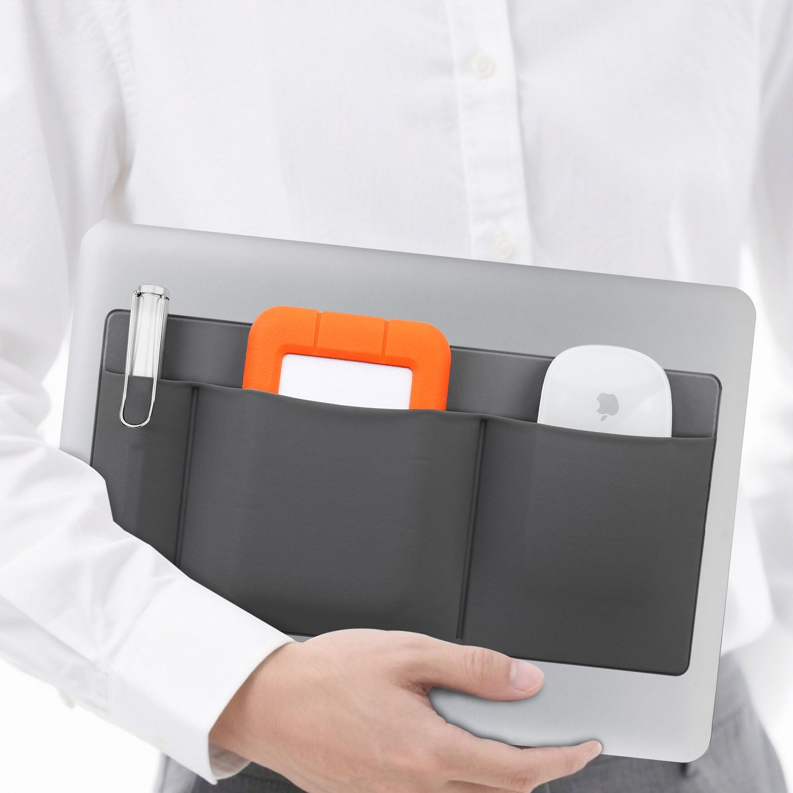 Gray 3Pocket Mouse Holder Laptop Stick On Adhesive Storage Sleeve HDD SSD Hub