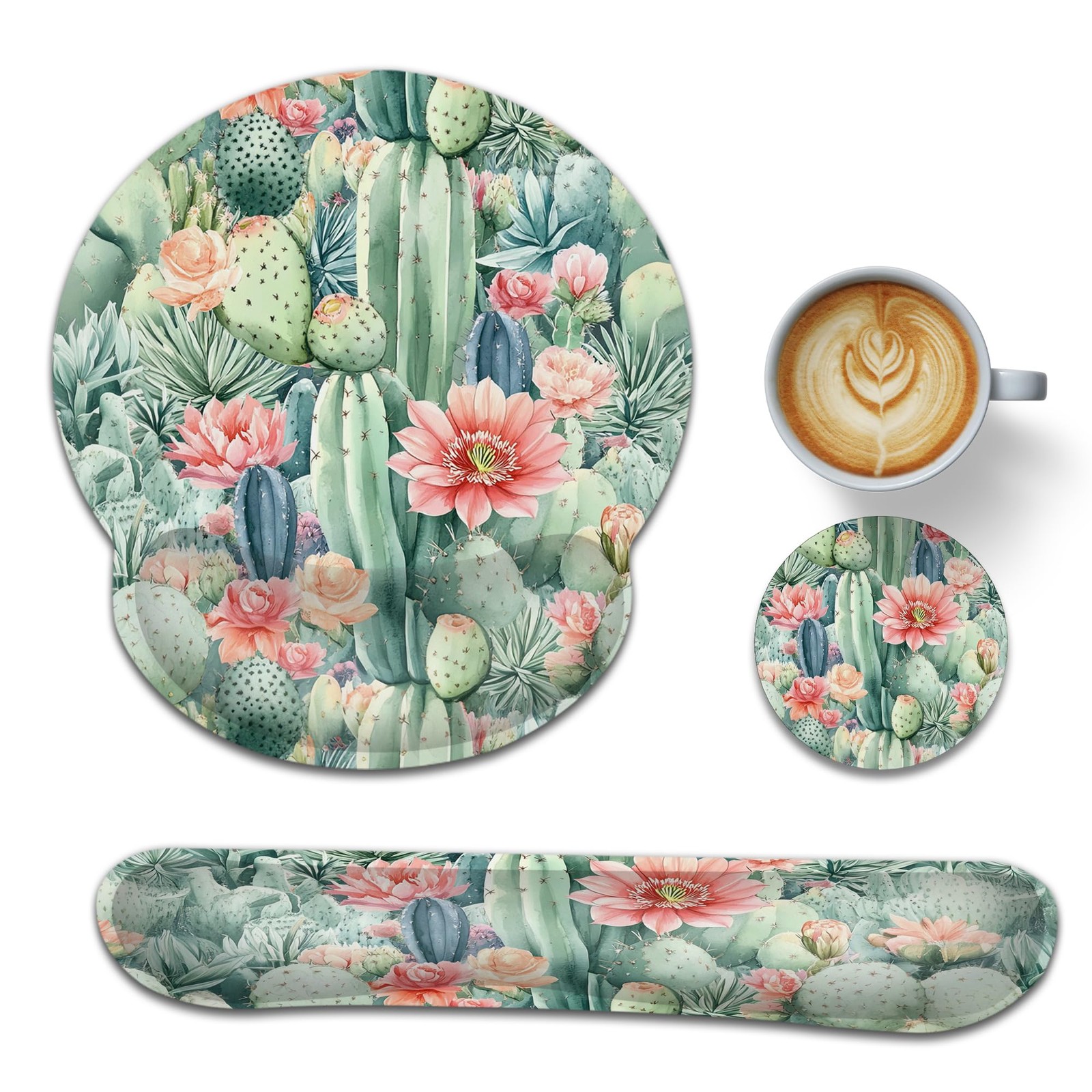Ergonomic Keyboard and Mouse Wrist Rest Set, Cactus Flower Succulent Plant Mo...