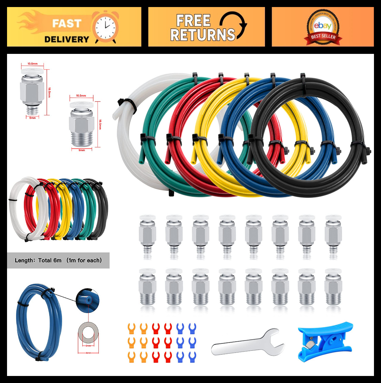 High Temp Resistant Bowden Tubing 6M Teflon Tube for 1.75mm Filament + Fittings