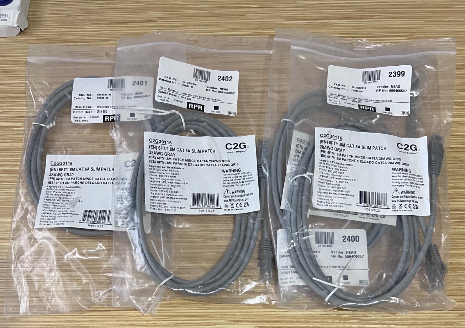 Lot of 4 C2G C2G30116 6FT/1.8M CAT6A SLIM PATCH 28AWG GRAY