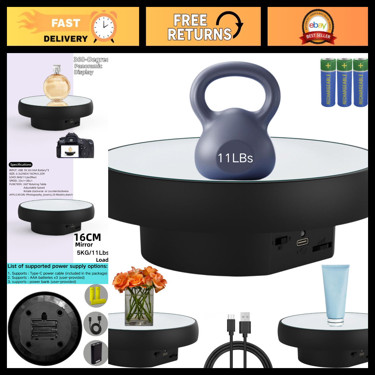 Motorized 360° Rotating Display Stand, 6.3" Turntable for Jewelry & Cups, 11 lbs