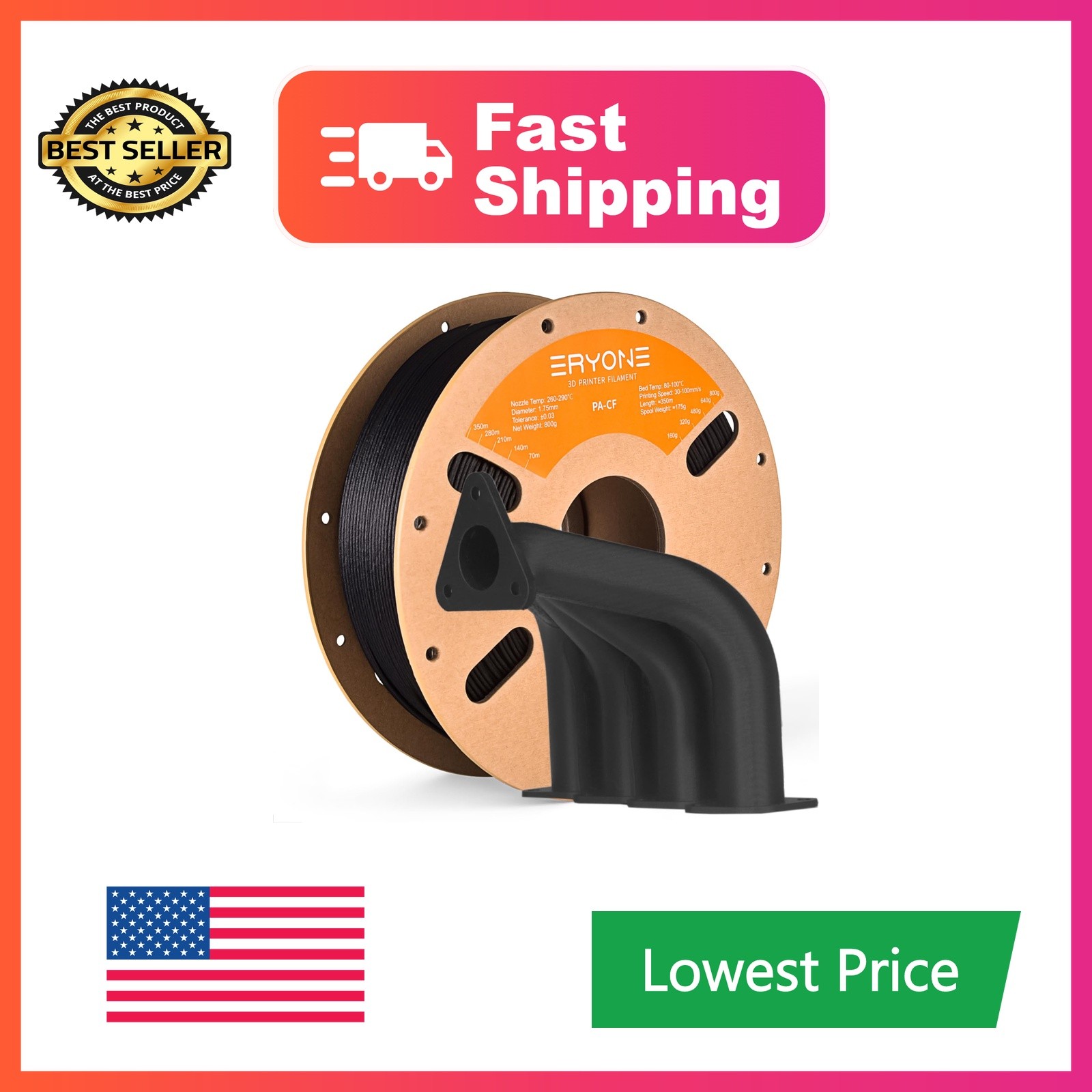 Eryone Nylon 3D Printer Filament, PA12 CF20, Black Color