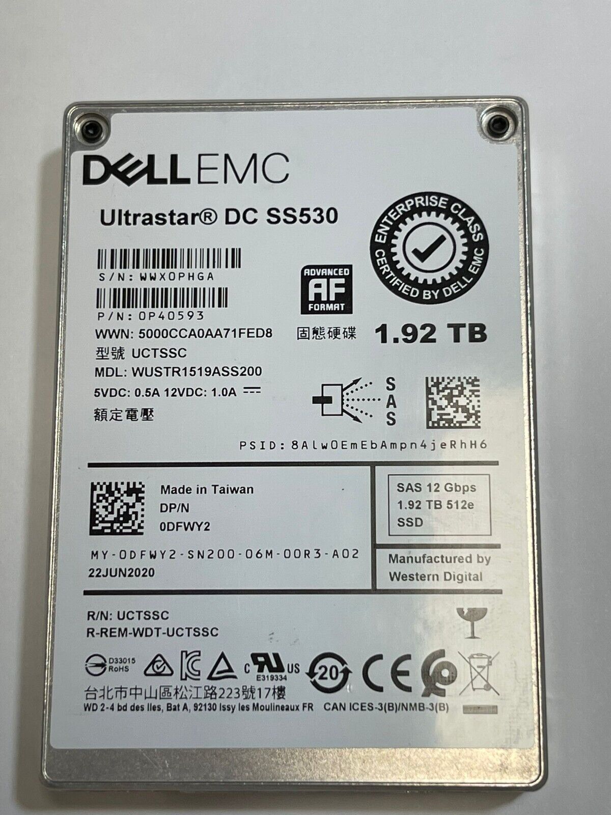 DFWY2 Dell Compellent 1.92TB SAS 12Gbps Read Intensive 2.5'' SSD WUSTR1519ASS200
