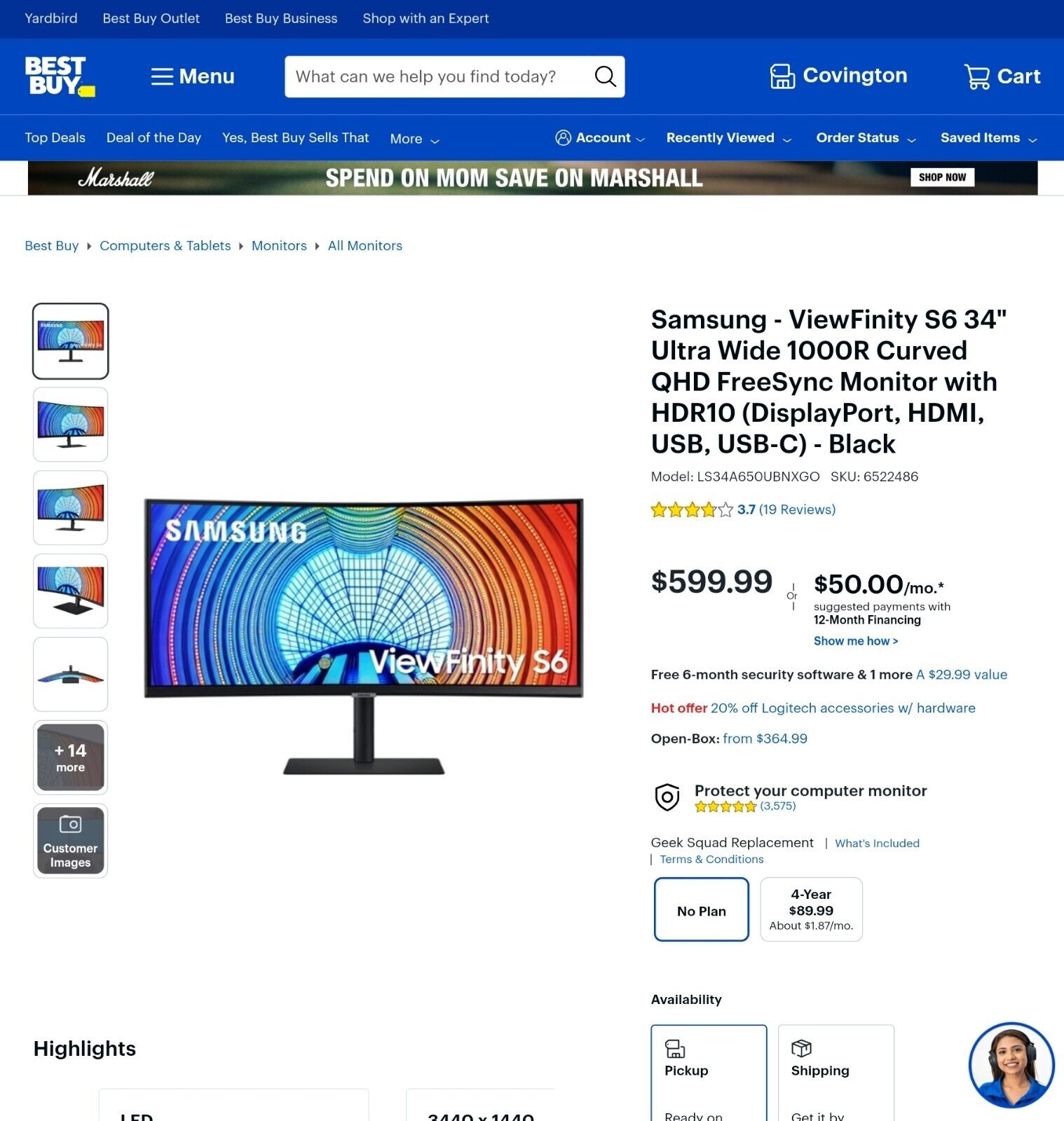 Samsung ViewFinity S6 34 in Ultra Wide Curved Monitor - Black gaming monitor