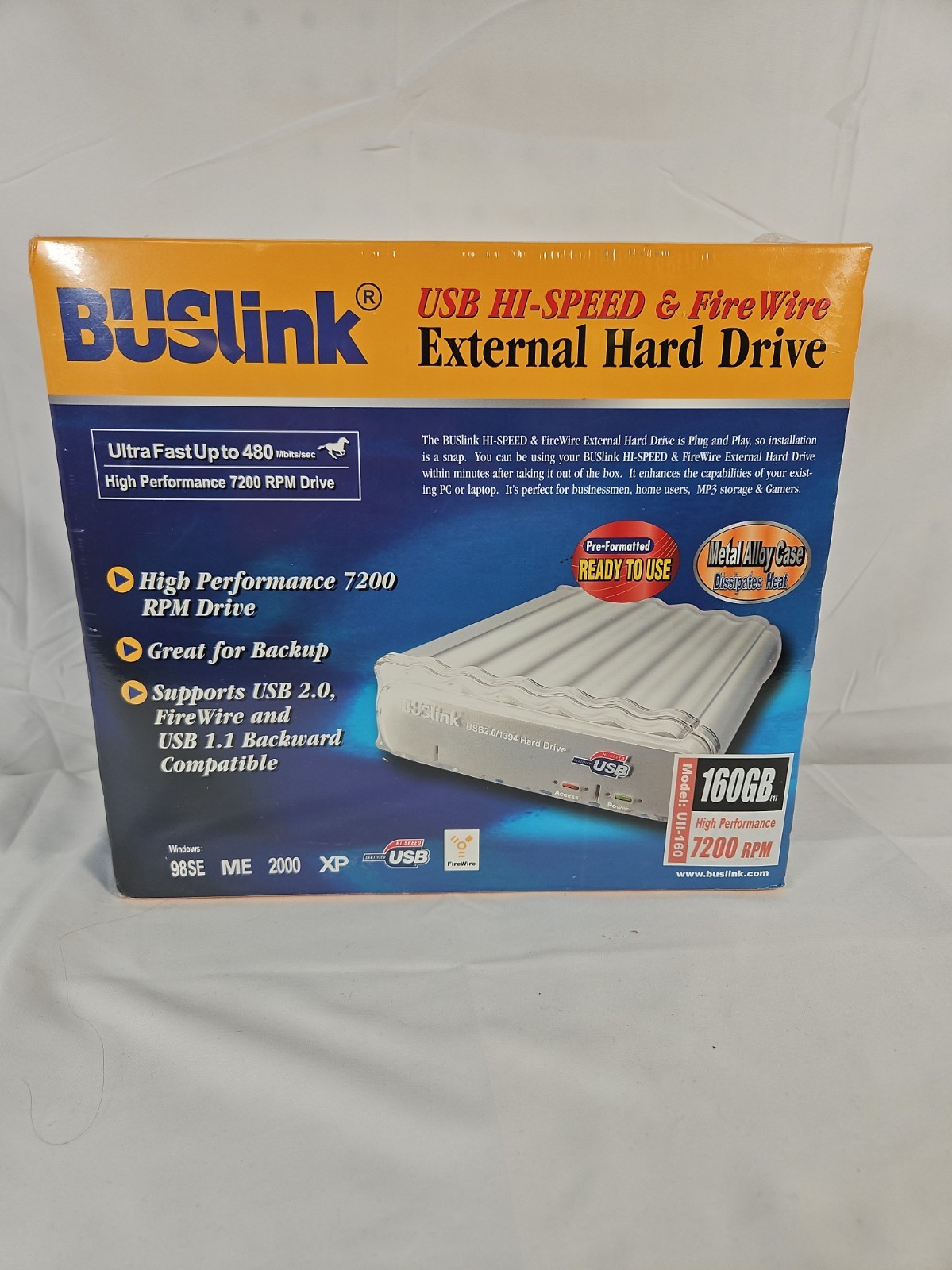 BUSlink 160 GB USB Hi-Speed & Fire Wire External Hard Drive Windows 98SE New
