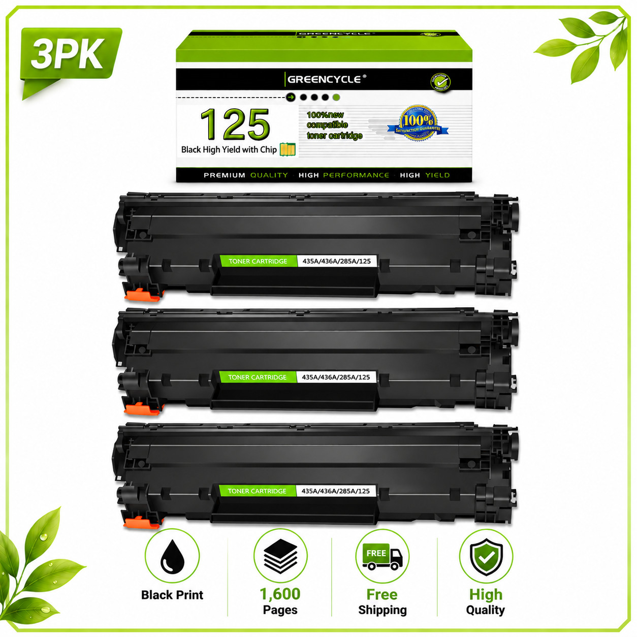 3 Pack 125 Toner Cartridge Fit Canon 125 ImageClass MF3010 LBP6000 LBP6030w