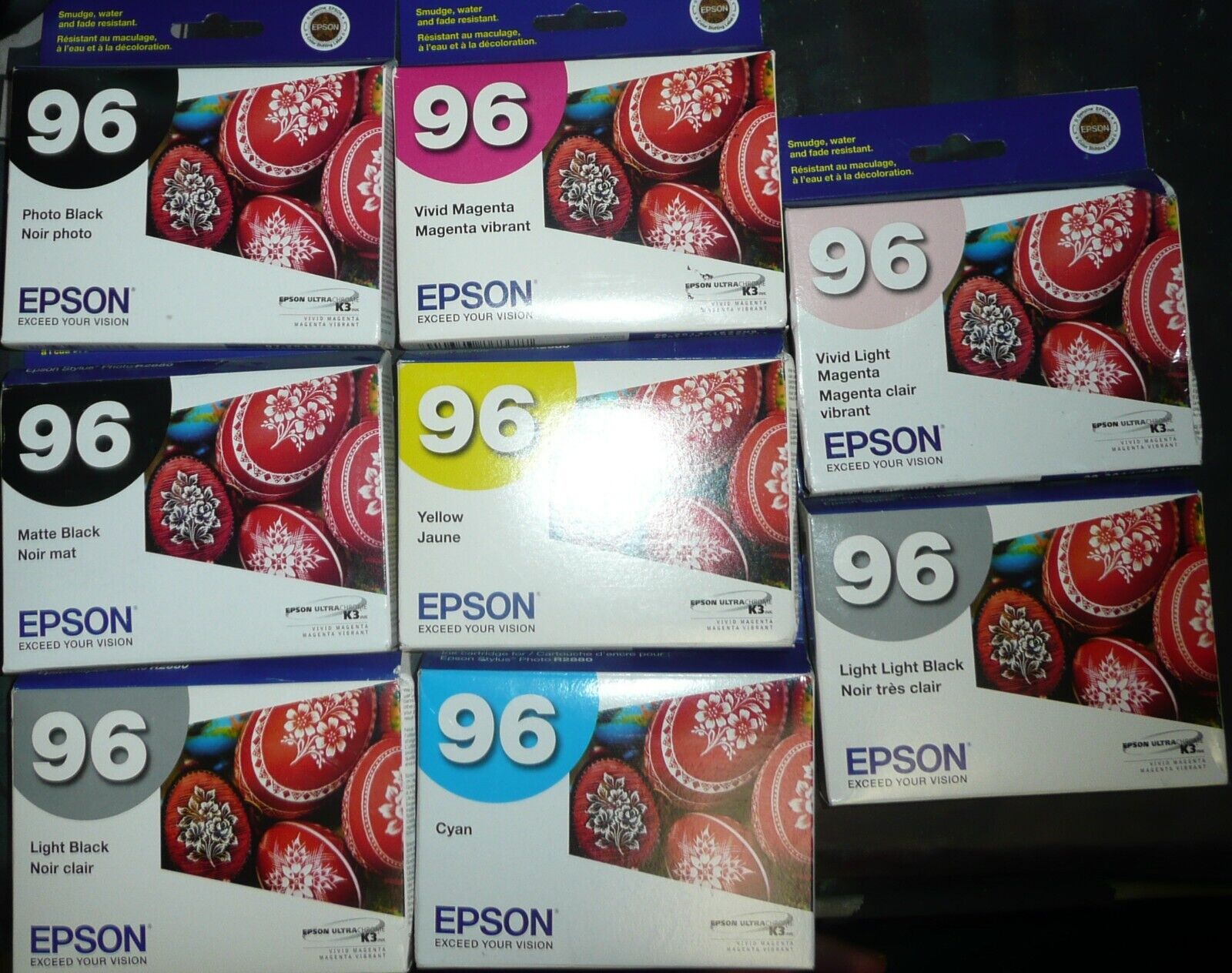 New Genuine Lot of 8 Epson Color 96 Ink Black Yellow Cyan Magenta 2013