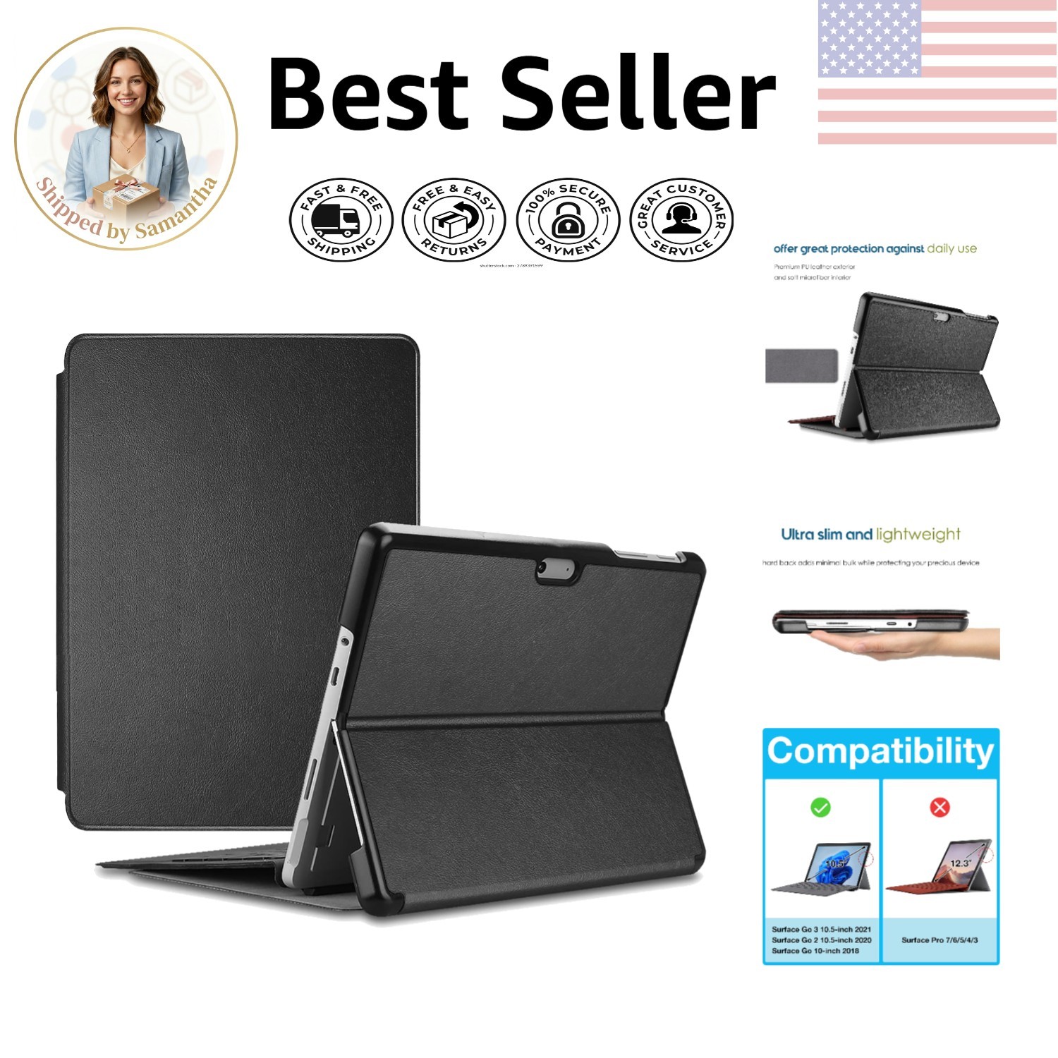 Luxury Slim Protective Case for 10.5 Inch Surface Go 3 & 2 - Black Hard Shell