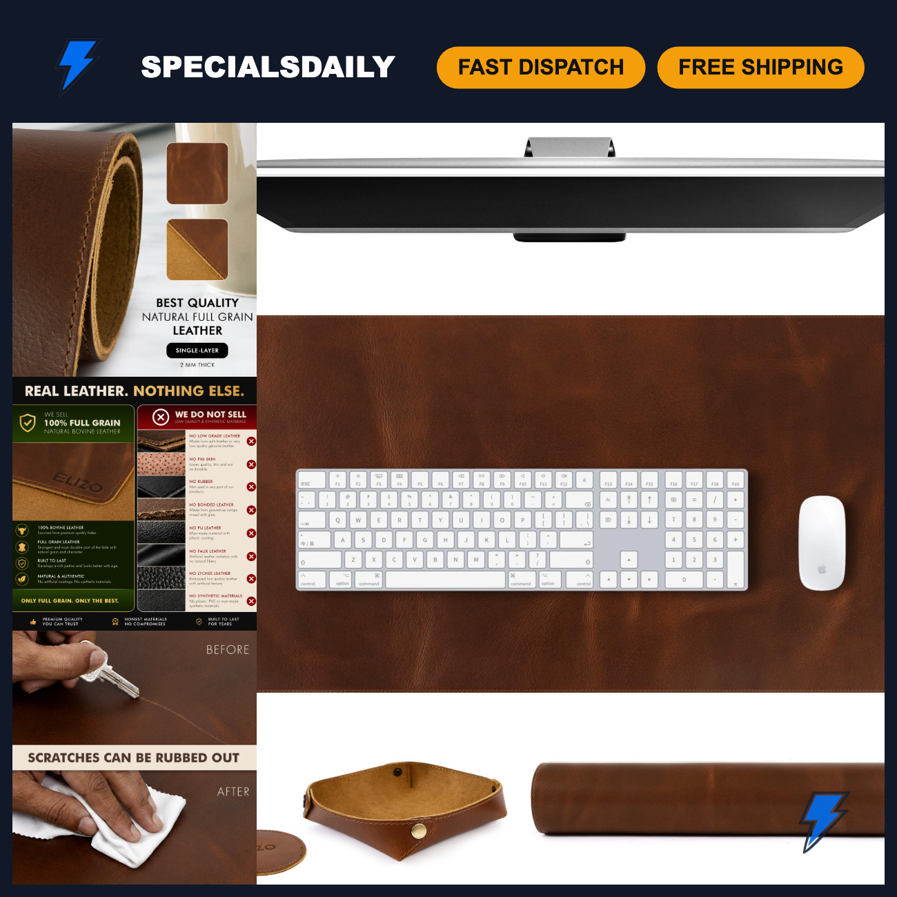 Large Real Leather Desk Mat Set 32x16" - Blotter Protector for Office & Gaming