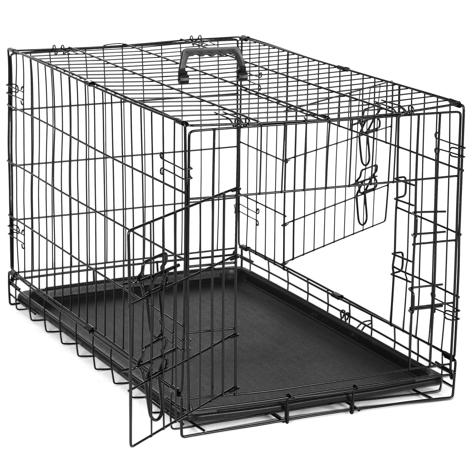 DUMOS 48 Inch Foldable Dog Crate Metal Wire Double Door Black Plastic Pan