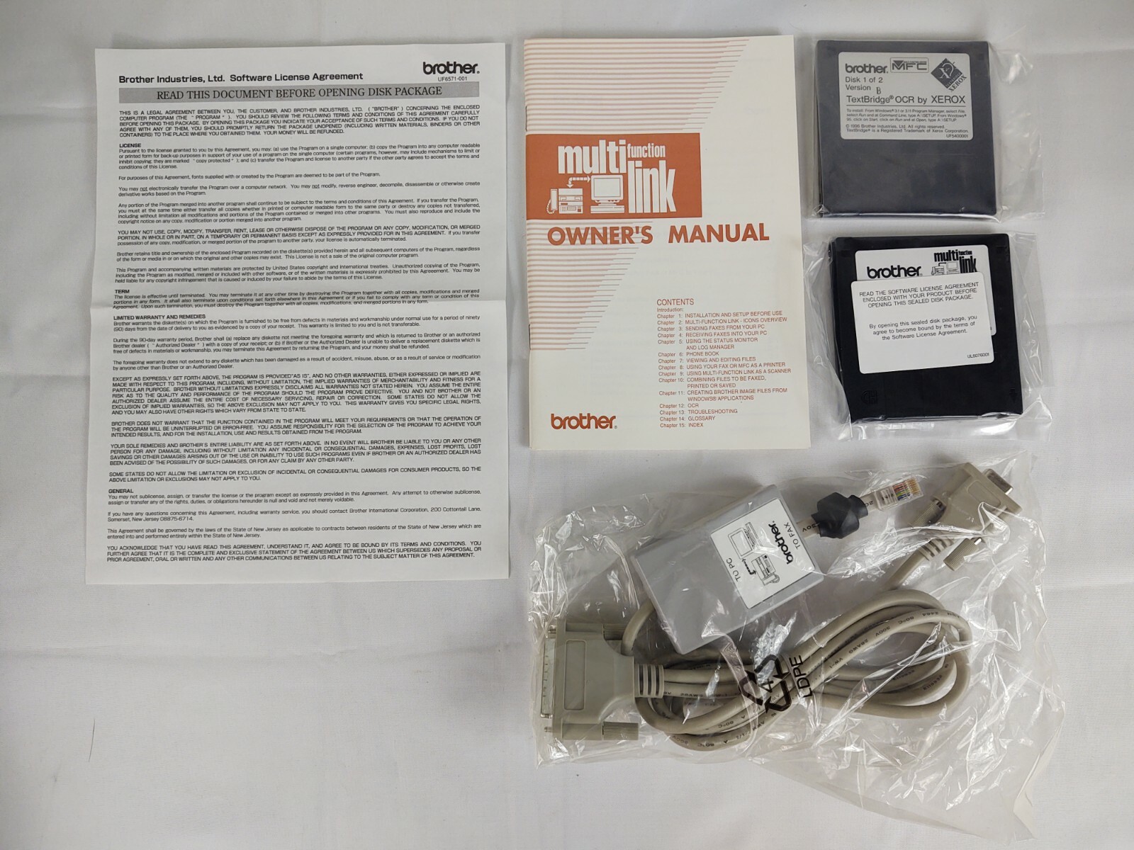 Vtg 1996 NOS BROTHER PC TO FAX CABLE Model PCI-1 Adapter Manual Software Disks