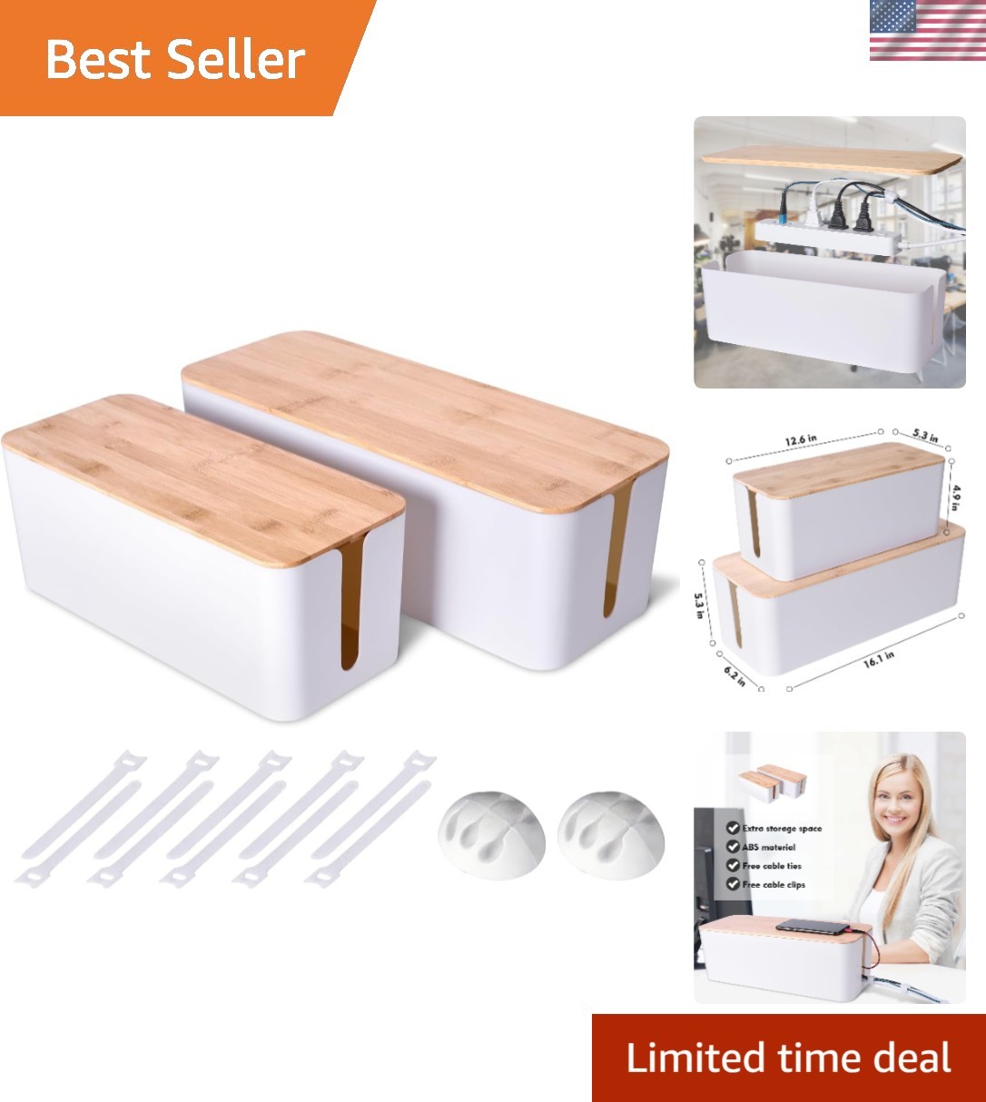 2 Pack Wooden Style Cable Management Box Set – Safe & Elegant Cord Organizer
