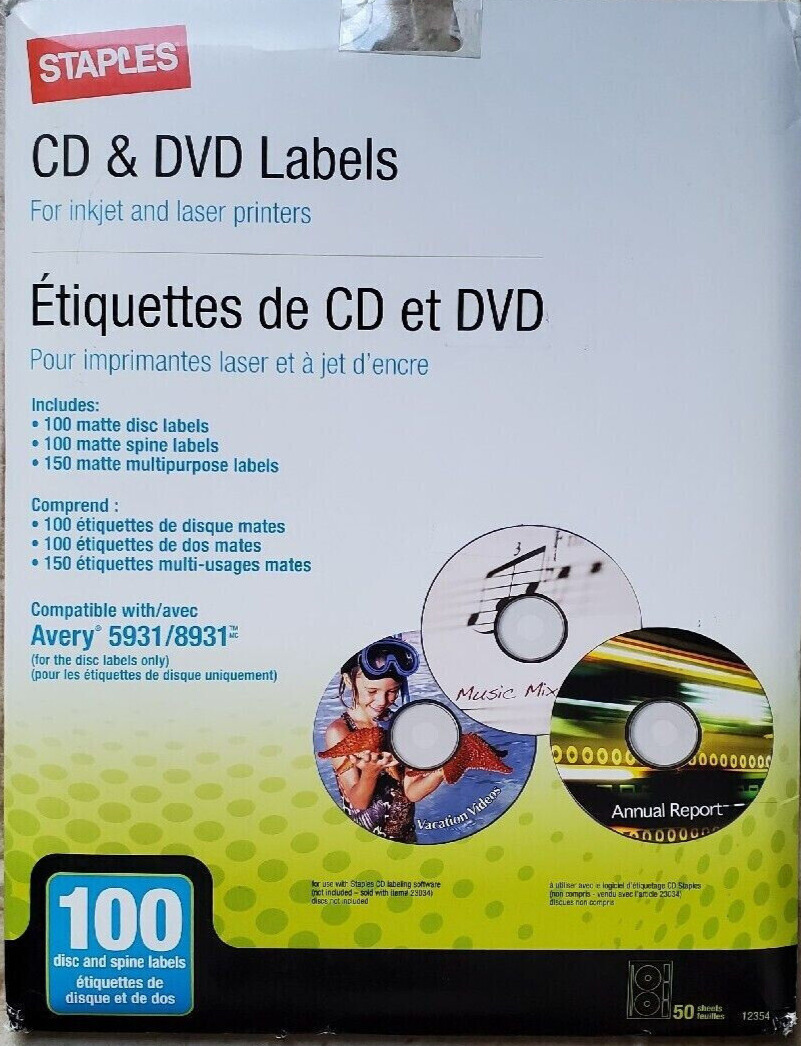 Staples Laser Inkjet Media CD DVD Label 100/Pack 12354 CompatibleAvery 5931 8931