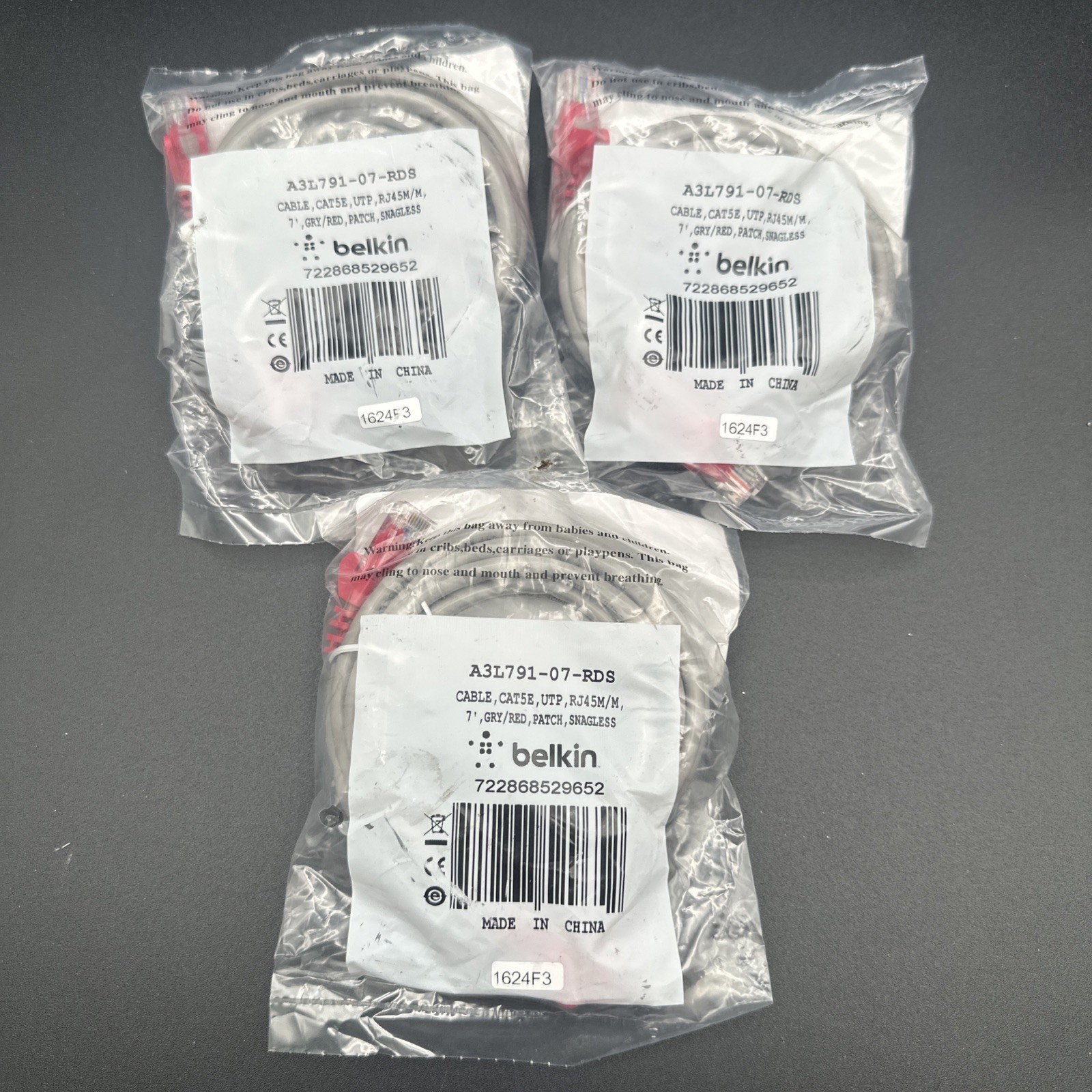 3 X BELKIN A3L791-07- RDS CAT5E MOLDED PATCH CABLE 7FT NEW SEALED