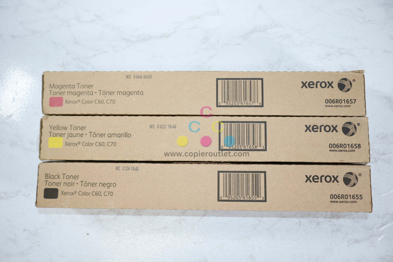 3 New OEM Xerox Color C60, C70 MYK Toner Cartridges 006R01655,6R01657,6R01658