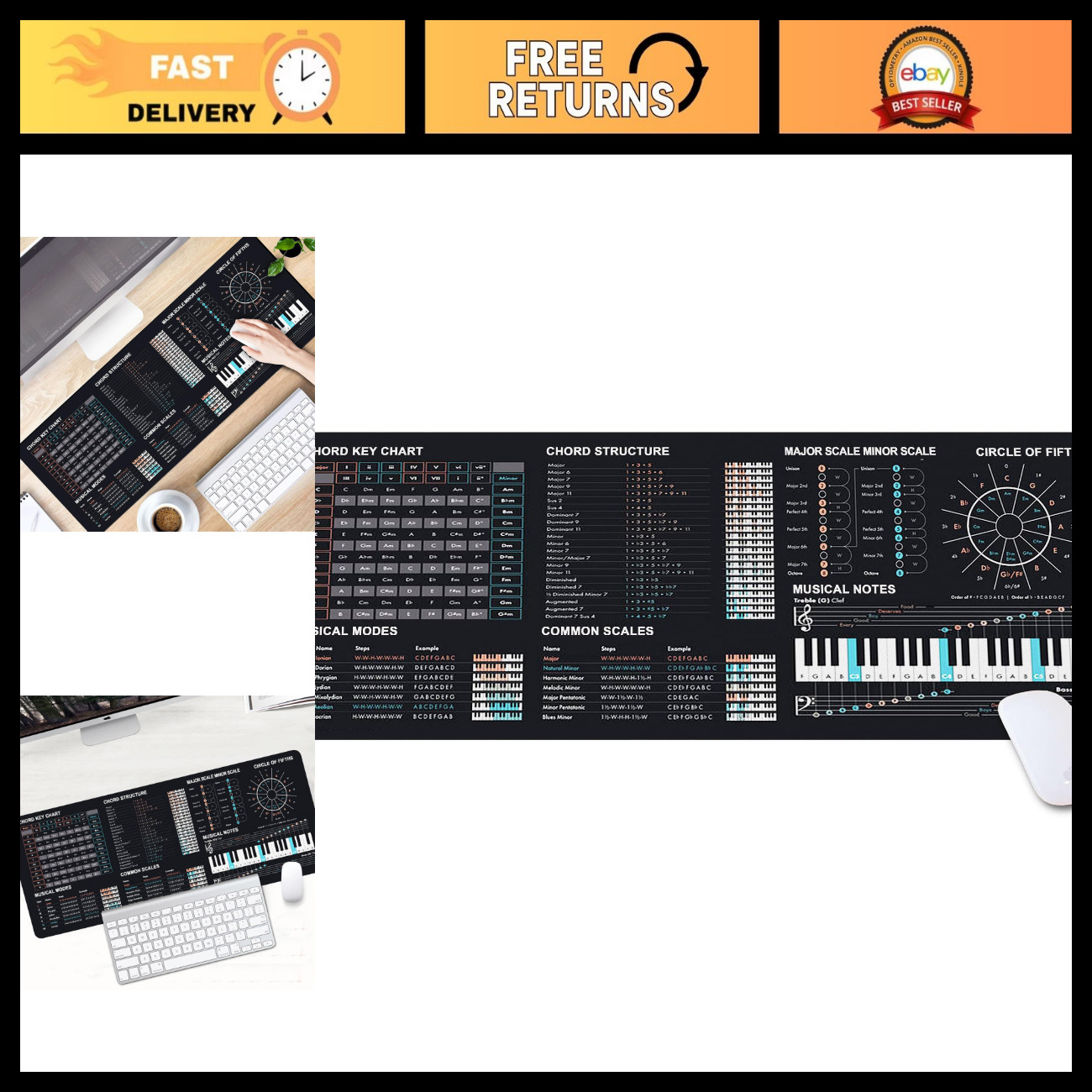 Music Theory Mousepad - Cheat Sheet for Chords & Piano | Ideal for Musicians & H