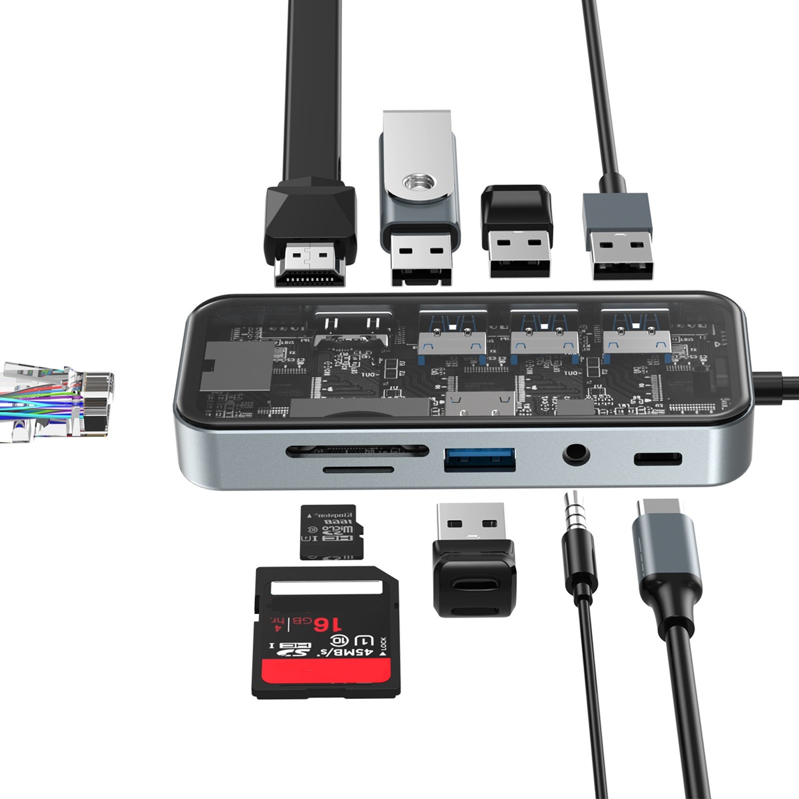 10 in 1 Type-C Docking Station PD 100W 3.5mm Audio USB 3.0 2.0 Card Reader