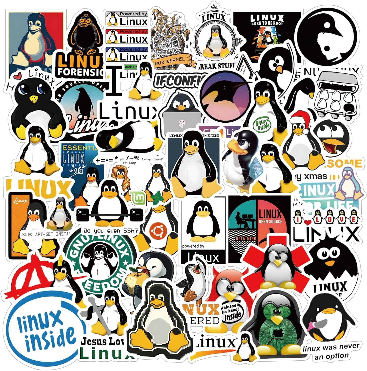 Linux Stickers 62Pcs Work Decals Aesthetic Waterproof Vinyl Pack Stickers for Wa