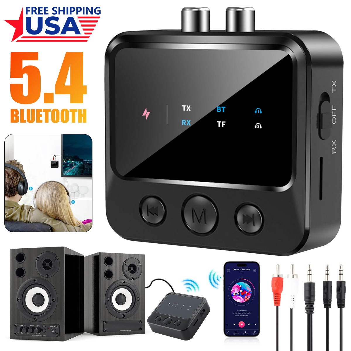 Bluetooth 5.4 Stereo Audio Receiver Transmitter For AUX USB Music to RCA Adapter