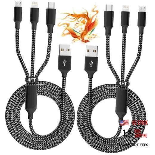 3 IN 1 Multi Charging Cable, Phone Chargers for Multiple 2Pack 4 ft Black&Grey