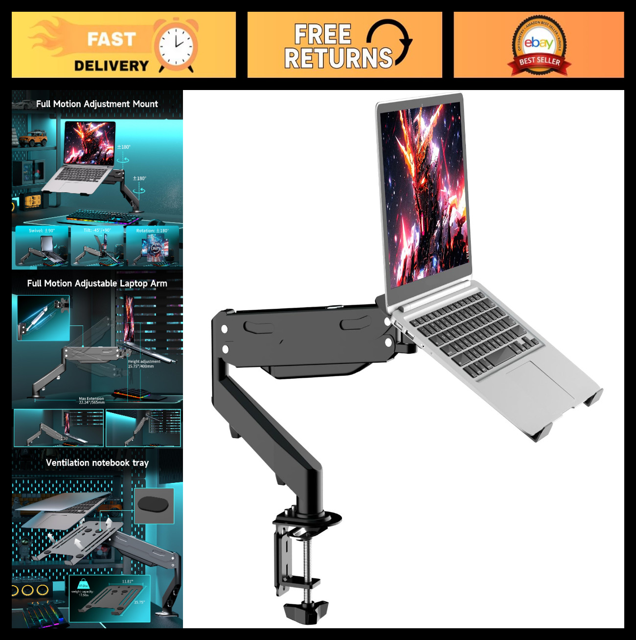 2 in 1 Laptop Desk Mount with Gas Spring Arm | Full Motion Monitor Stand 12-32