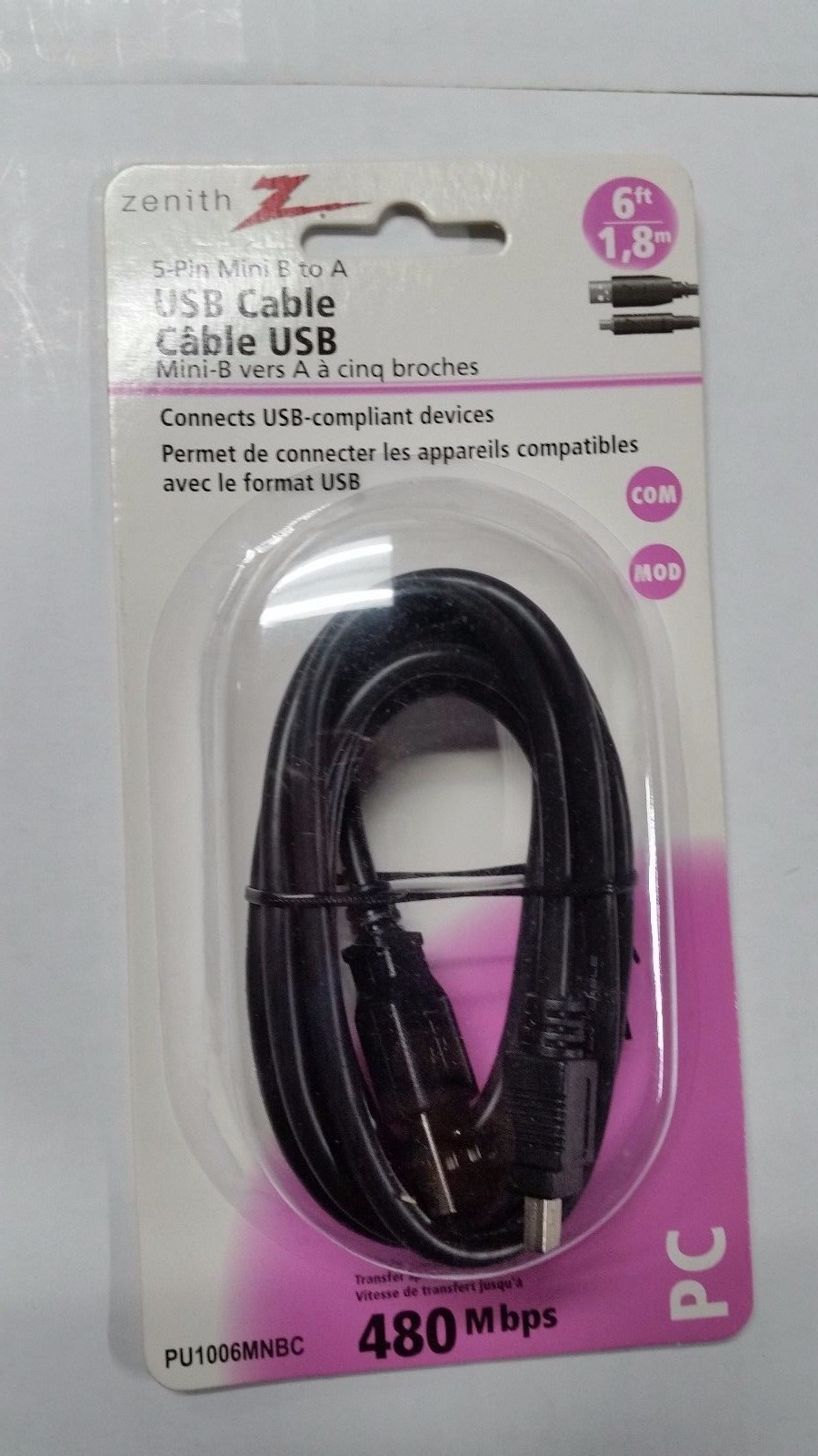 AmerTac Zenith USB Cable 5 Pin Mini B to A 6' Feet (1.8m) PU1006MNBC New 480Mbps