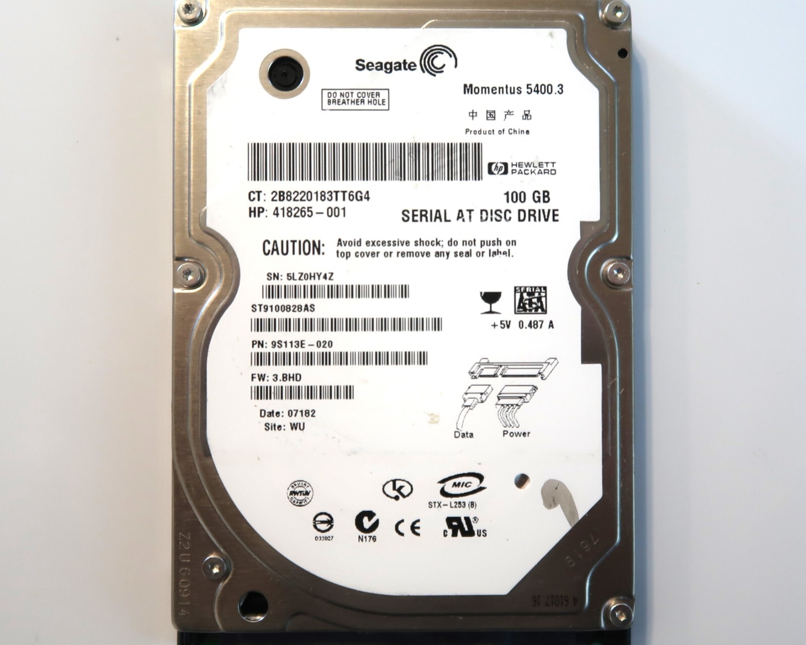 Seagate ST9100828AS 9S113E-020 3.BHD (5LZ) WU China 100gb Sata 2.5" HDD 07182