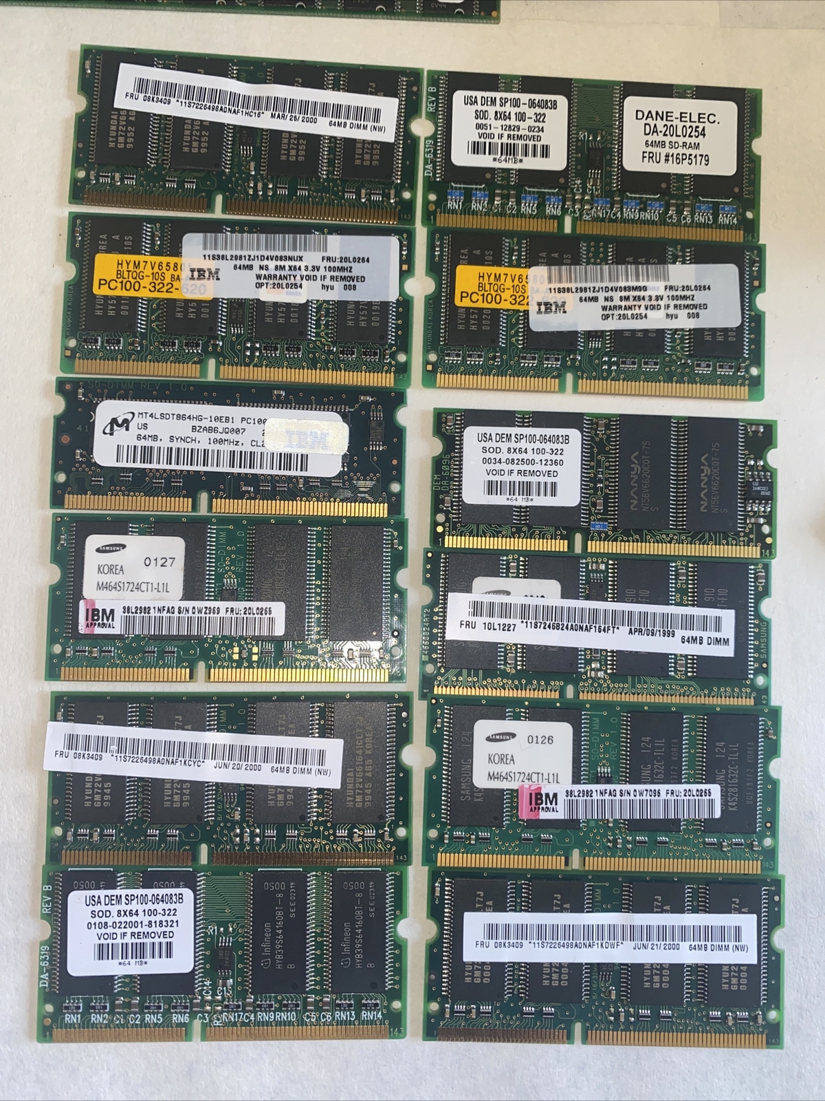 Lot Of 12 Vintage IBM Laptop Memory FRU-20L0264 64MB Module PC100 100MHZ 144Pin