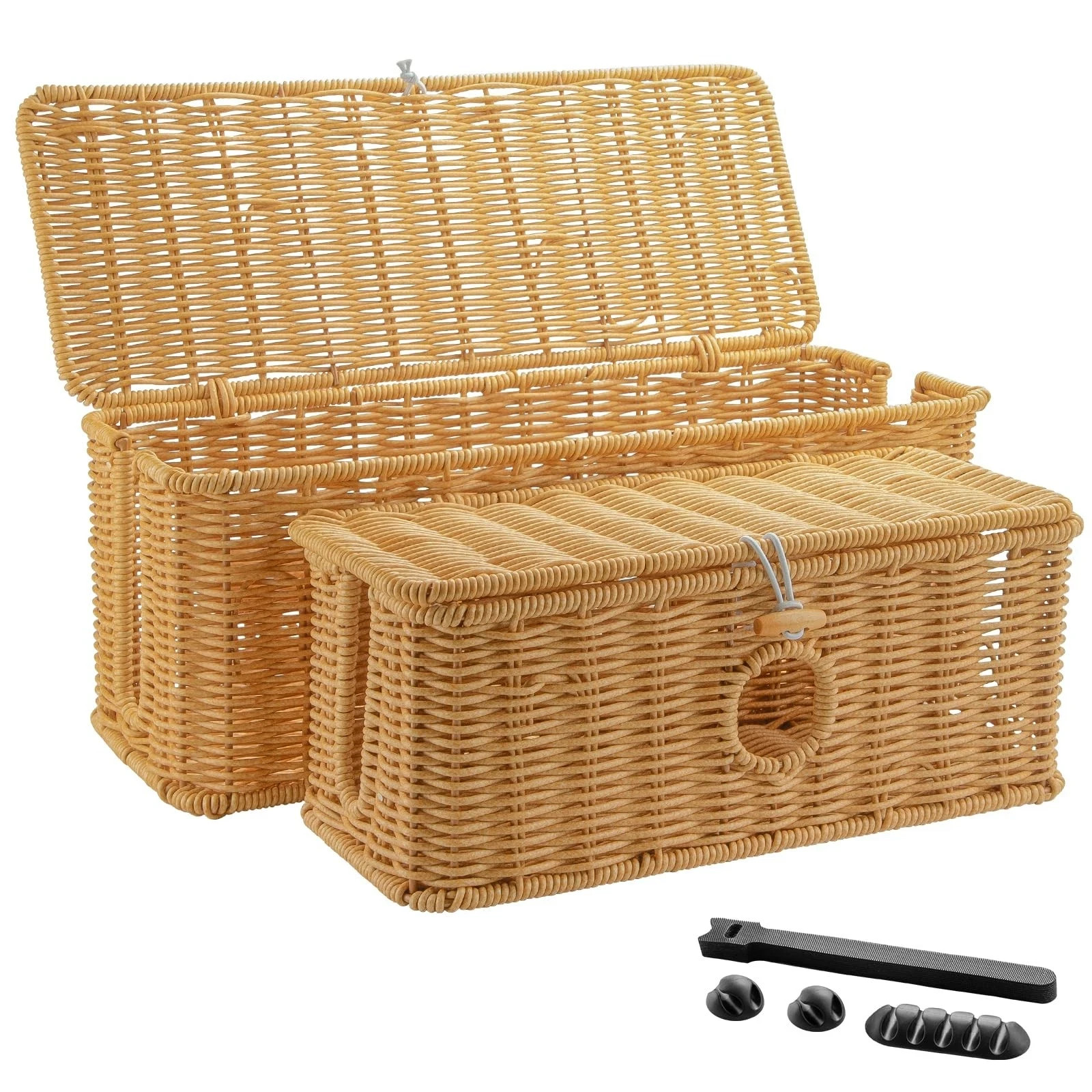 2 Pcs Handmade Cable Management Boxes Rattan Cable Organizer Large & Medium C...
