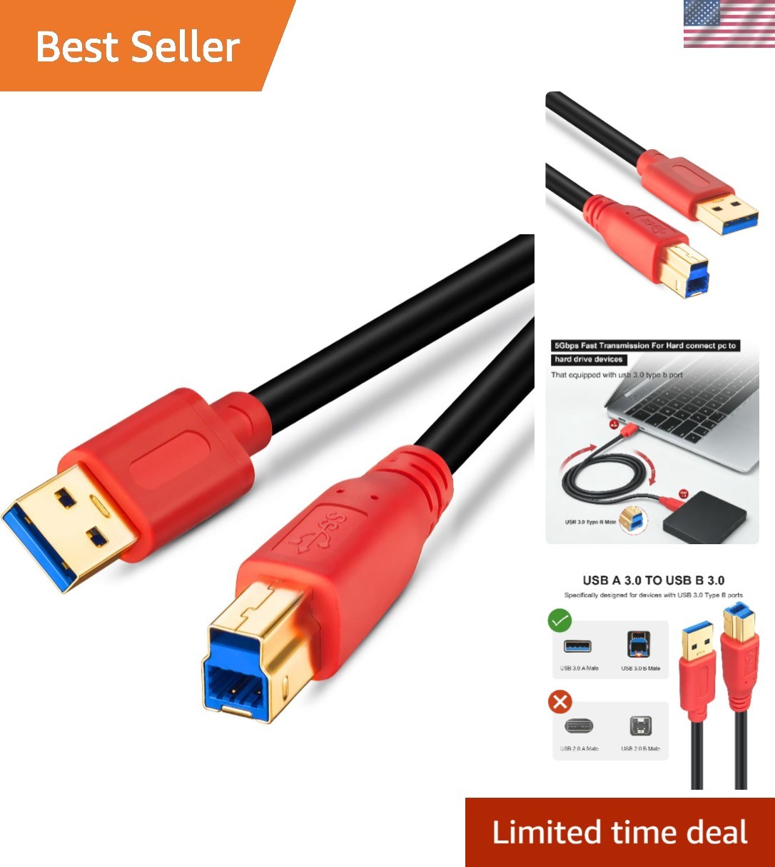 Compact 1Ft USB 3.0 A Male to B Male Cable - Reliable Data Transfer Solution