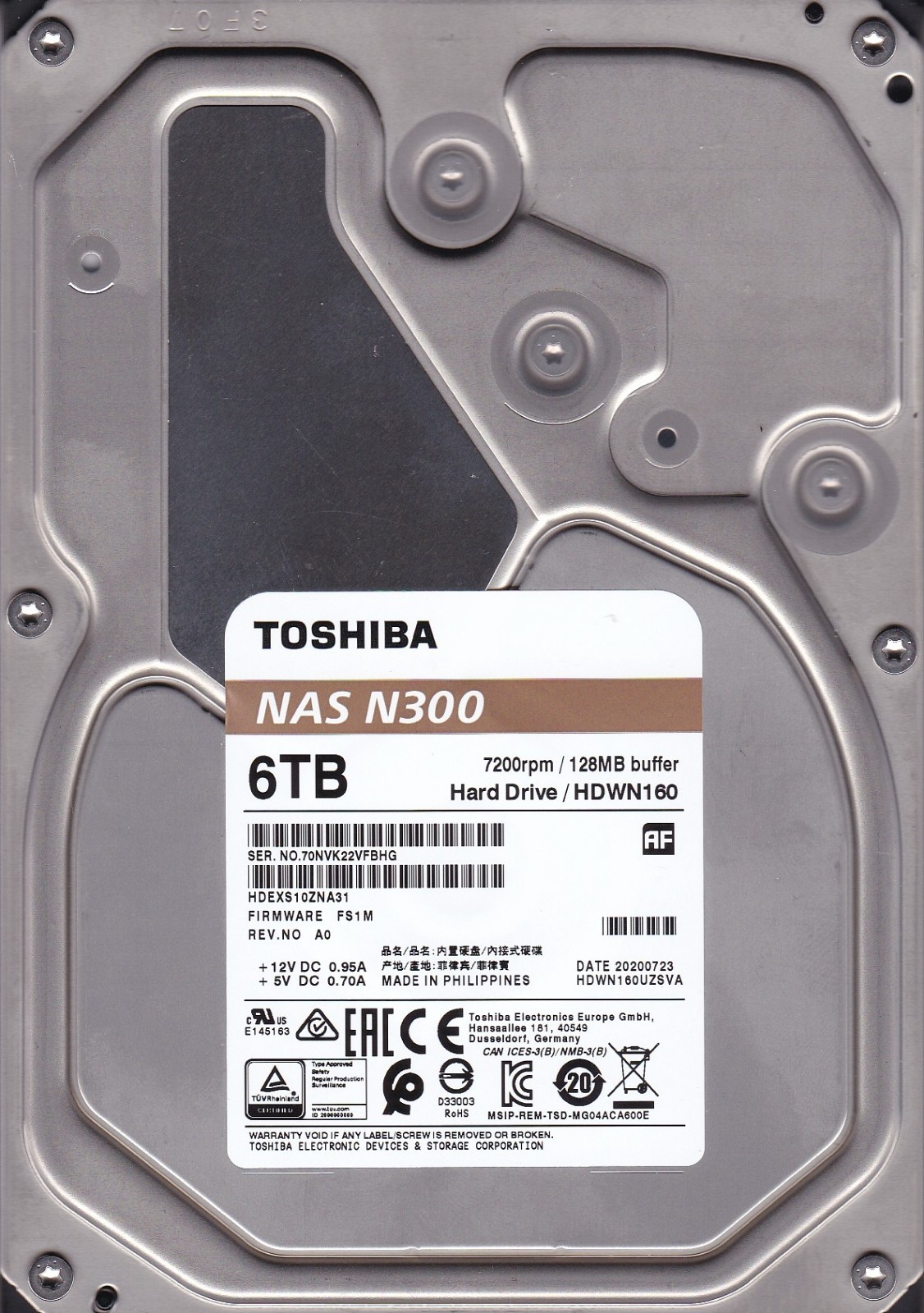 HDWN160UZSVA rev: A0 p/n: HDEXS10ZNA31 fw: FS1M JUL/2020 6TB SATA 3.5" TOSHIBA