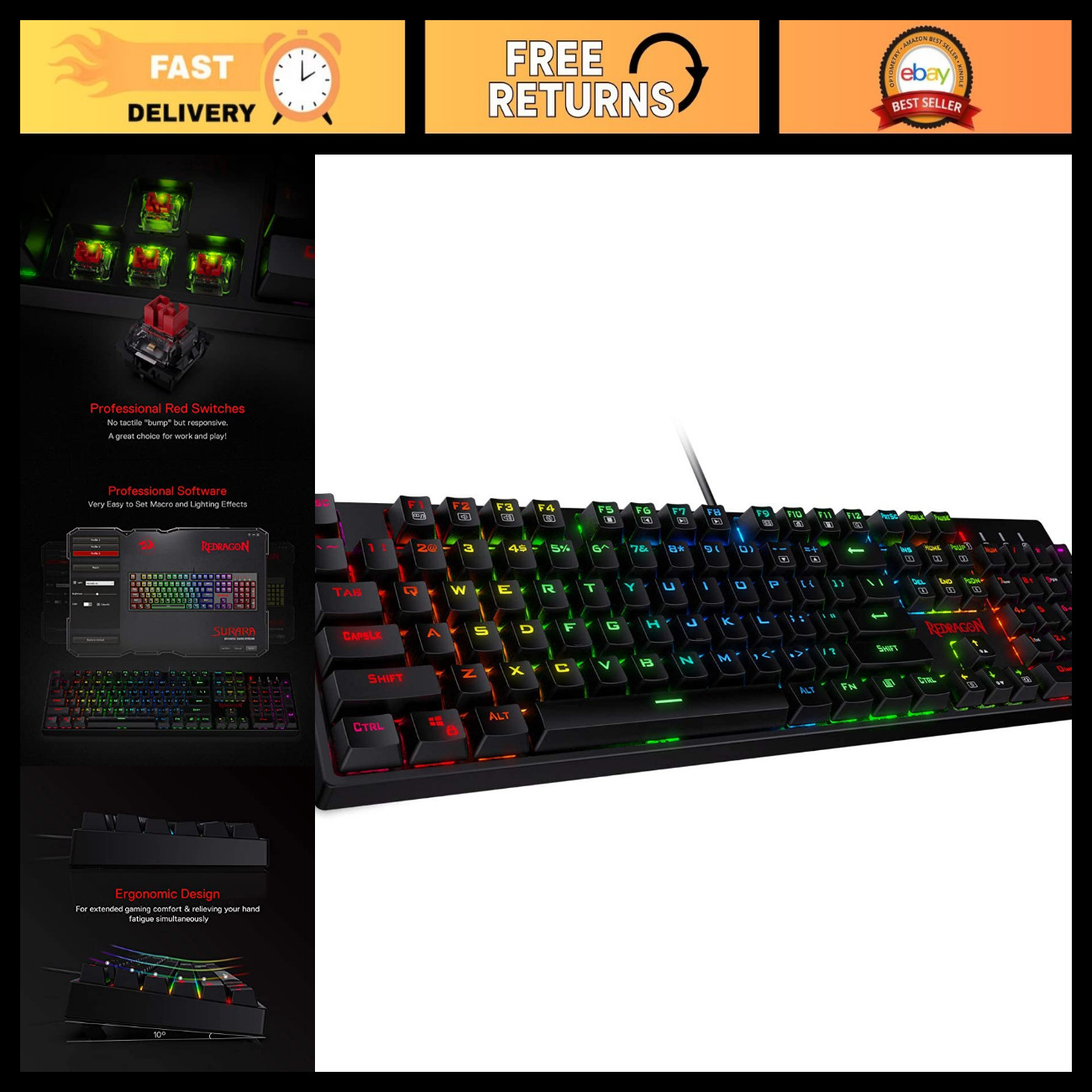 RGB Mechanical Gaming Keyboard, Wired 104-Key, Backlit, Anti-Ghosting, Gaming Ac