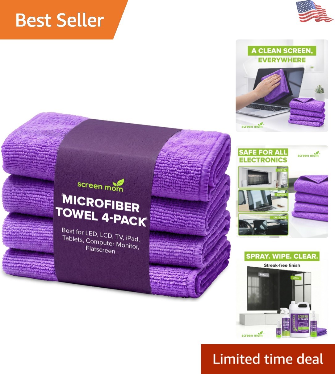 Professional-Grade Microfiber Cloths for Electronics - 4-Pack, Purple, Reusable