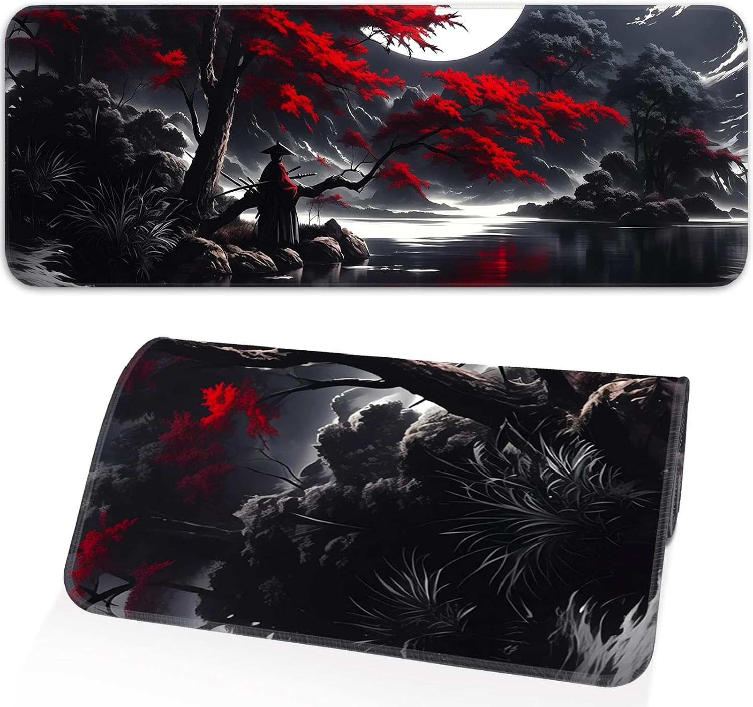 Japanese Dark Red Moon Gaming Mouse Pad, Extended Mouse Pad with Non-Slip Base,