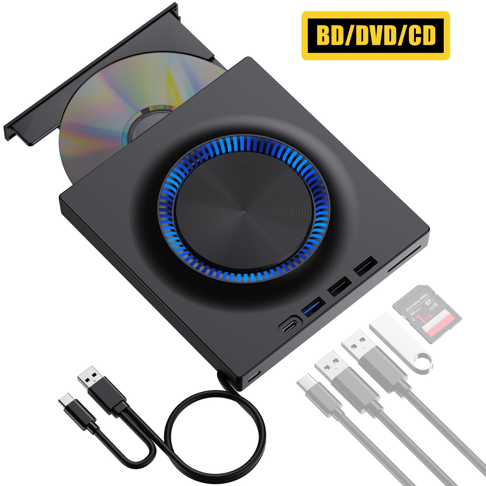 External Blu-Ray Drive, BD/DVD/CD Burner/Reader/Writer with USB A/C/SD Port