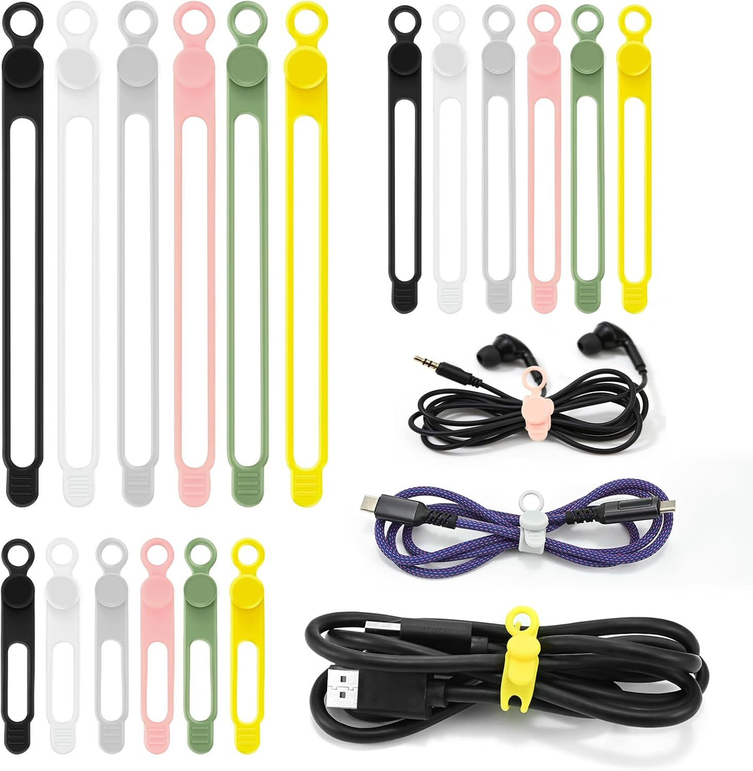 Silicone Cable Ties Reusable, 3 Sizes Cord Organizer Ties