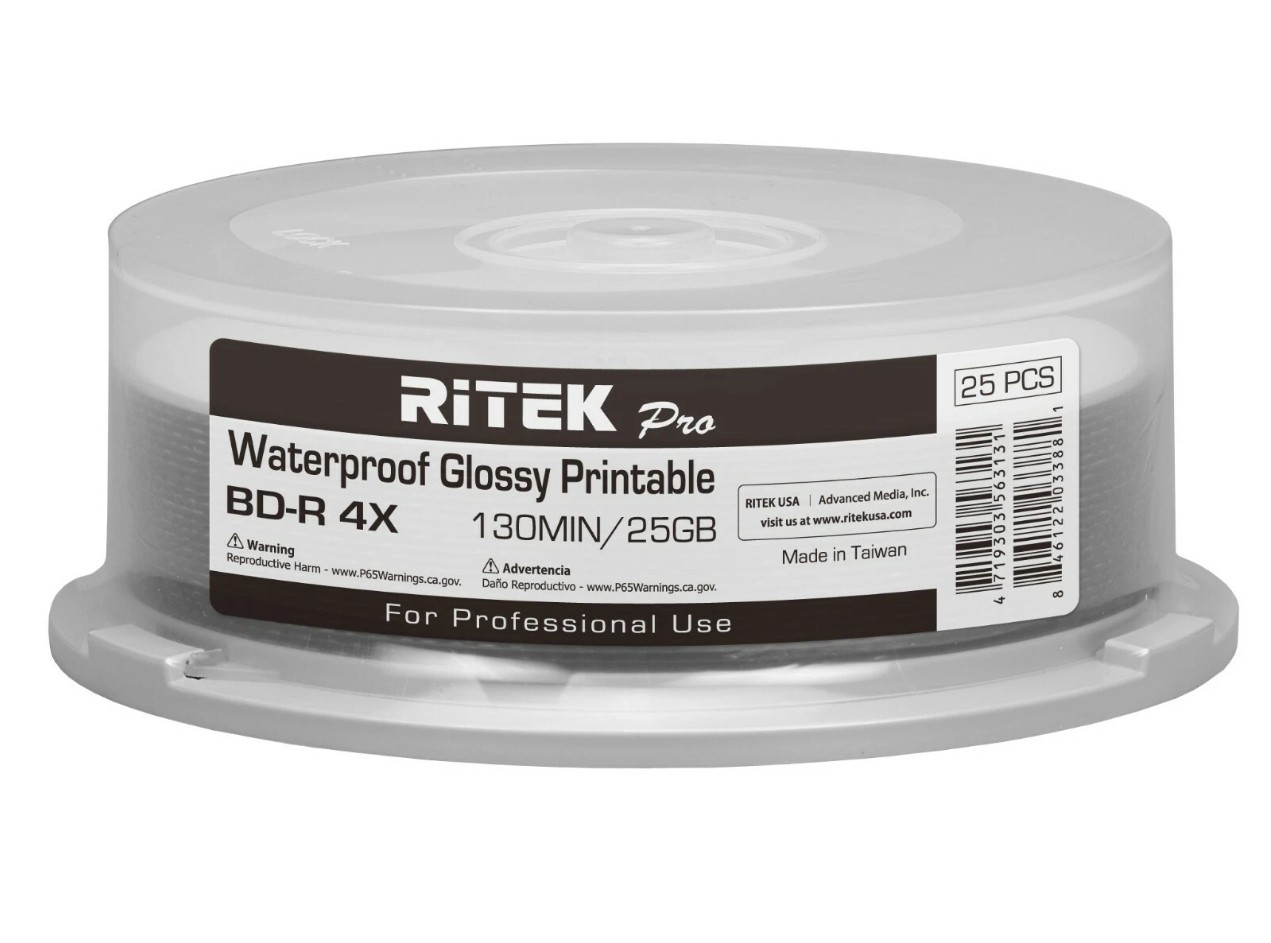 25 Ritek Pro BD-R 4X 25GB Water Resistant Glossy White Inkjet Hub Printable Disc