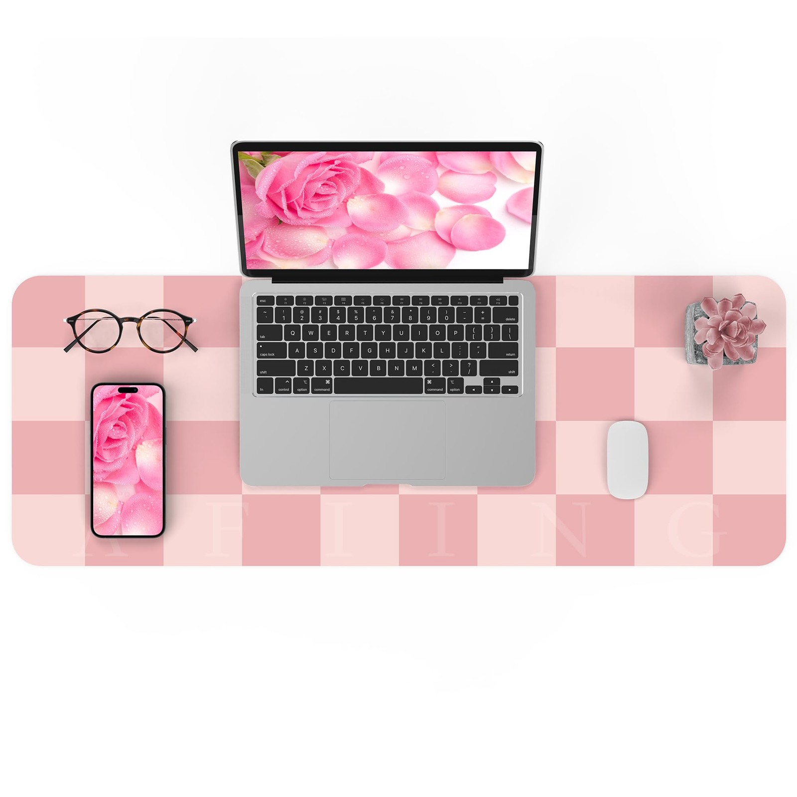 Pink Checkered Desk Mat, 31.5" x 12"，Waterproof PU Leather Desk pad