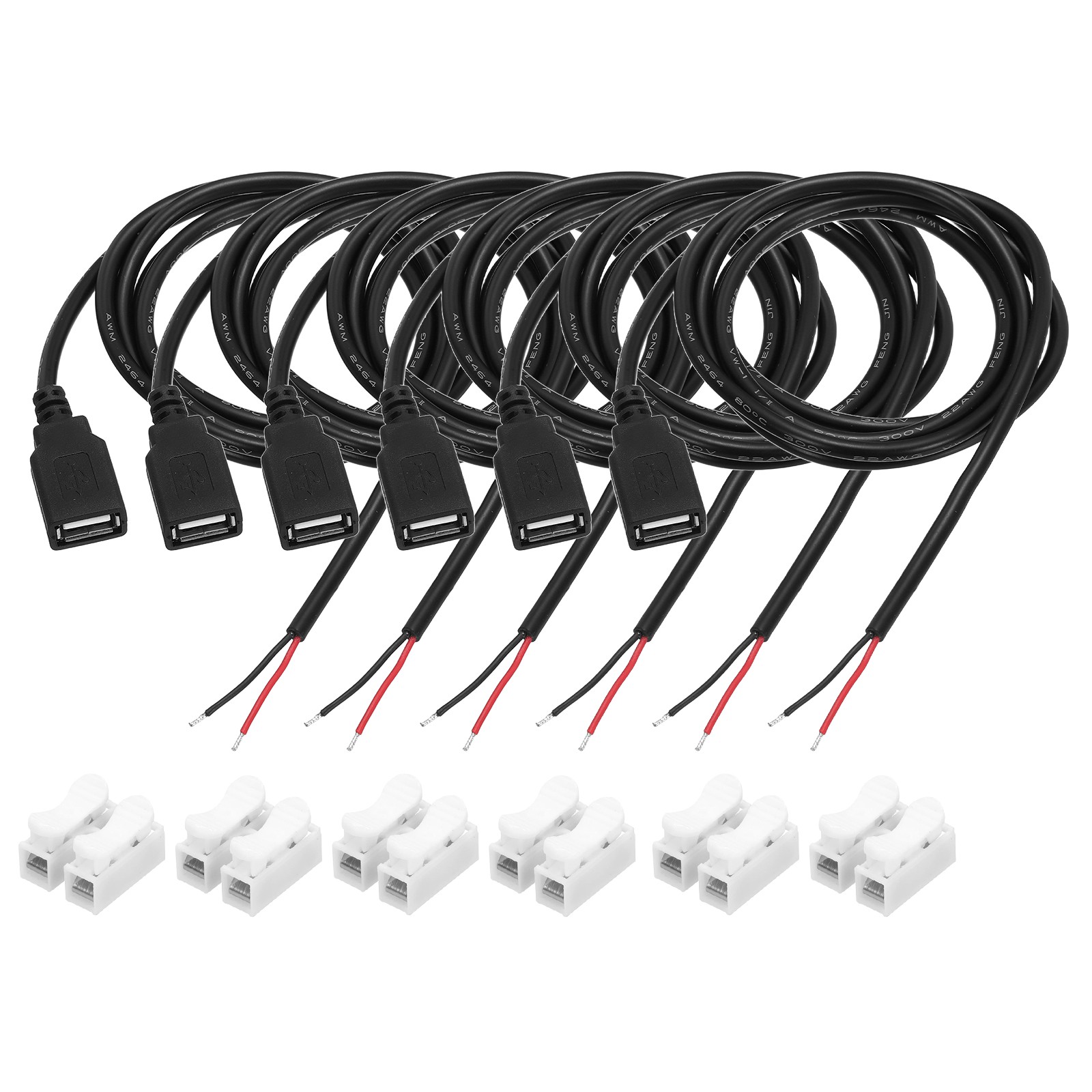 6Pcs USB Plug Pigtail, 1M/3.2FT Female 22 AWG 5V 3A with Wire Connector, Black