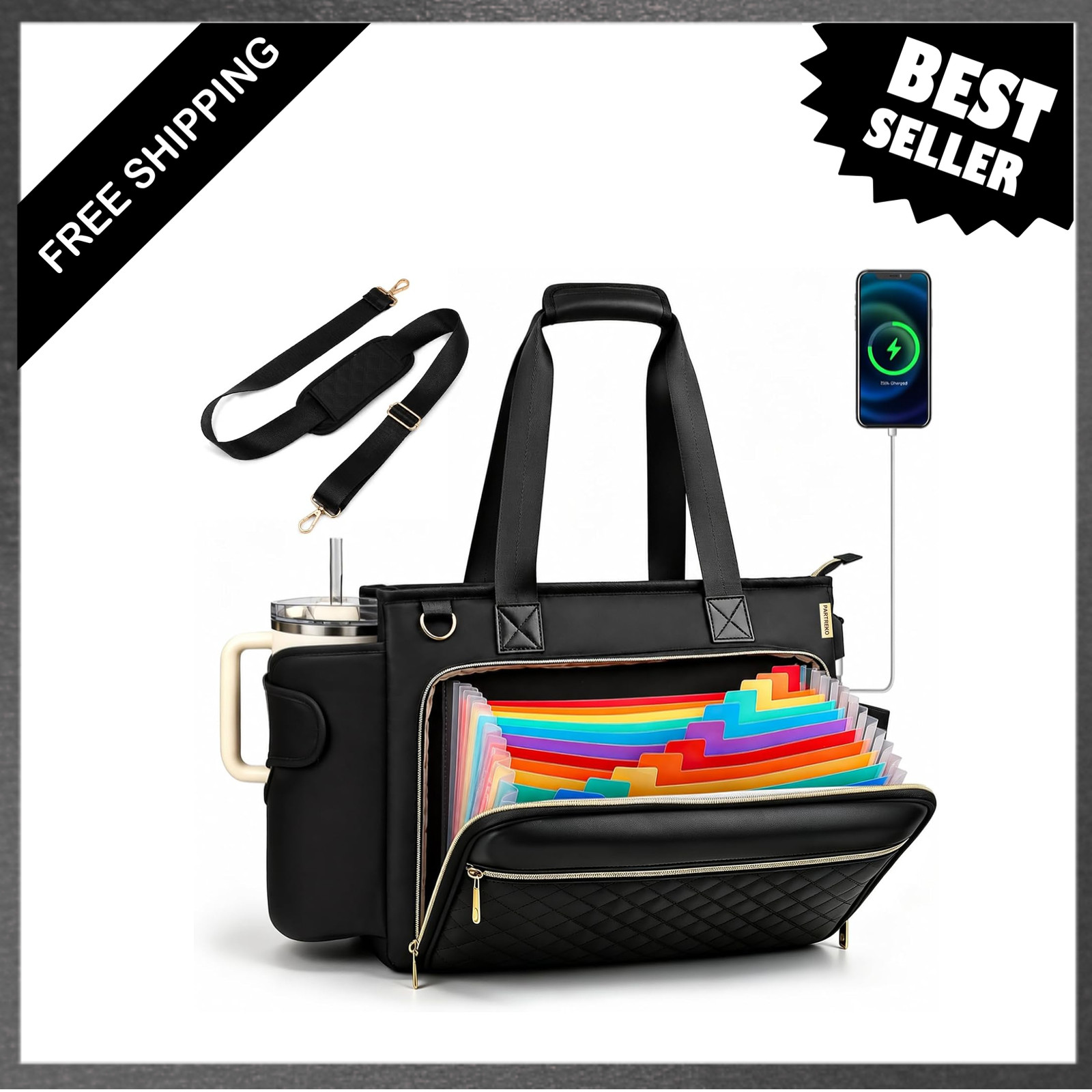 Teacher Tote Bag with Accordion File Organizer USB Port 15.6 Inch Laptop Work
