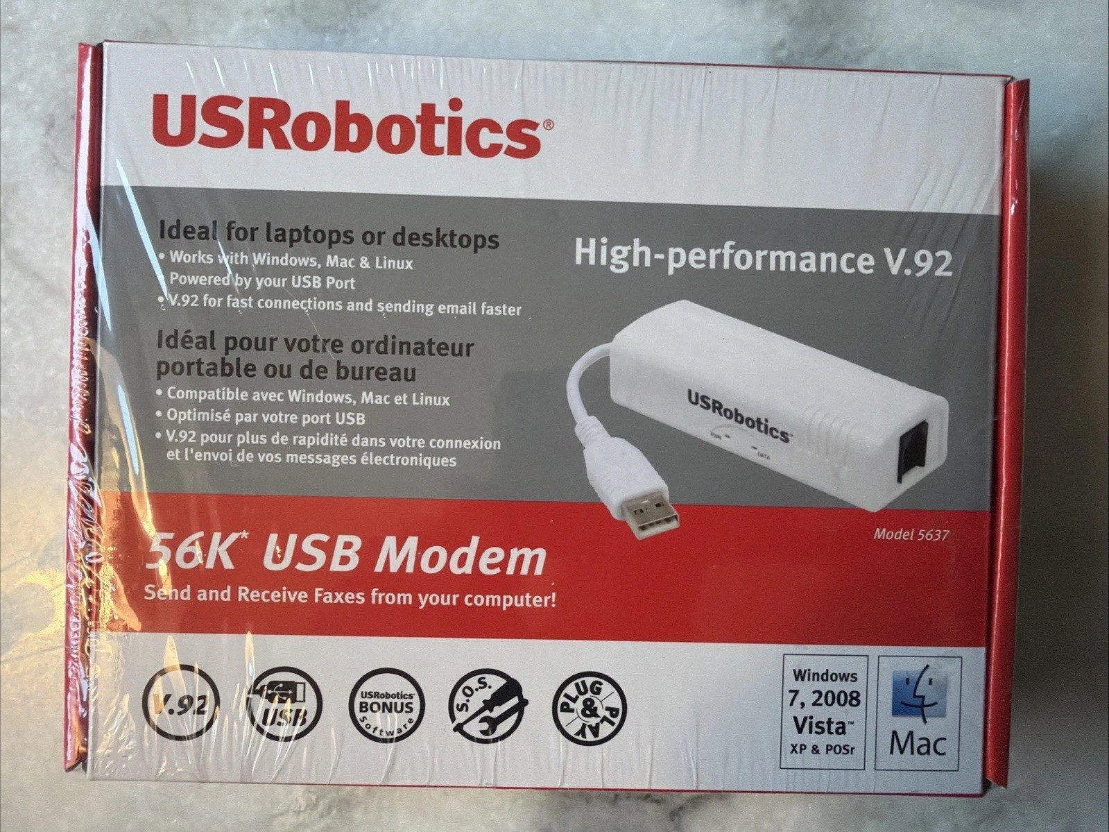 U.S. Robotics USR5637 56K USB Modem V.92, Bonus software FAX modem