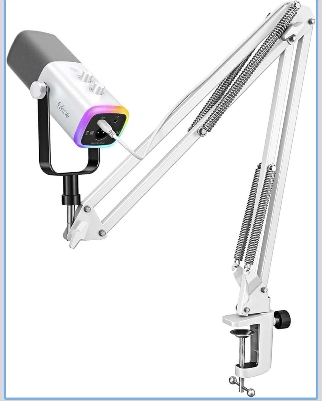 FIFINE USB/XLR RGB Desktop Microphone Boom Arm Kit White w/ Mute, Volume, Jack