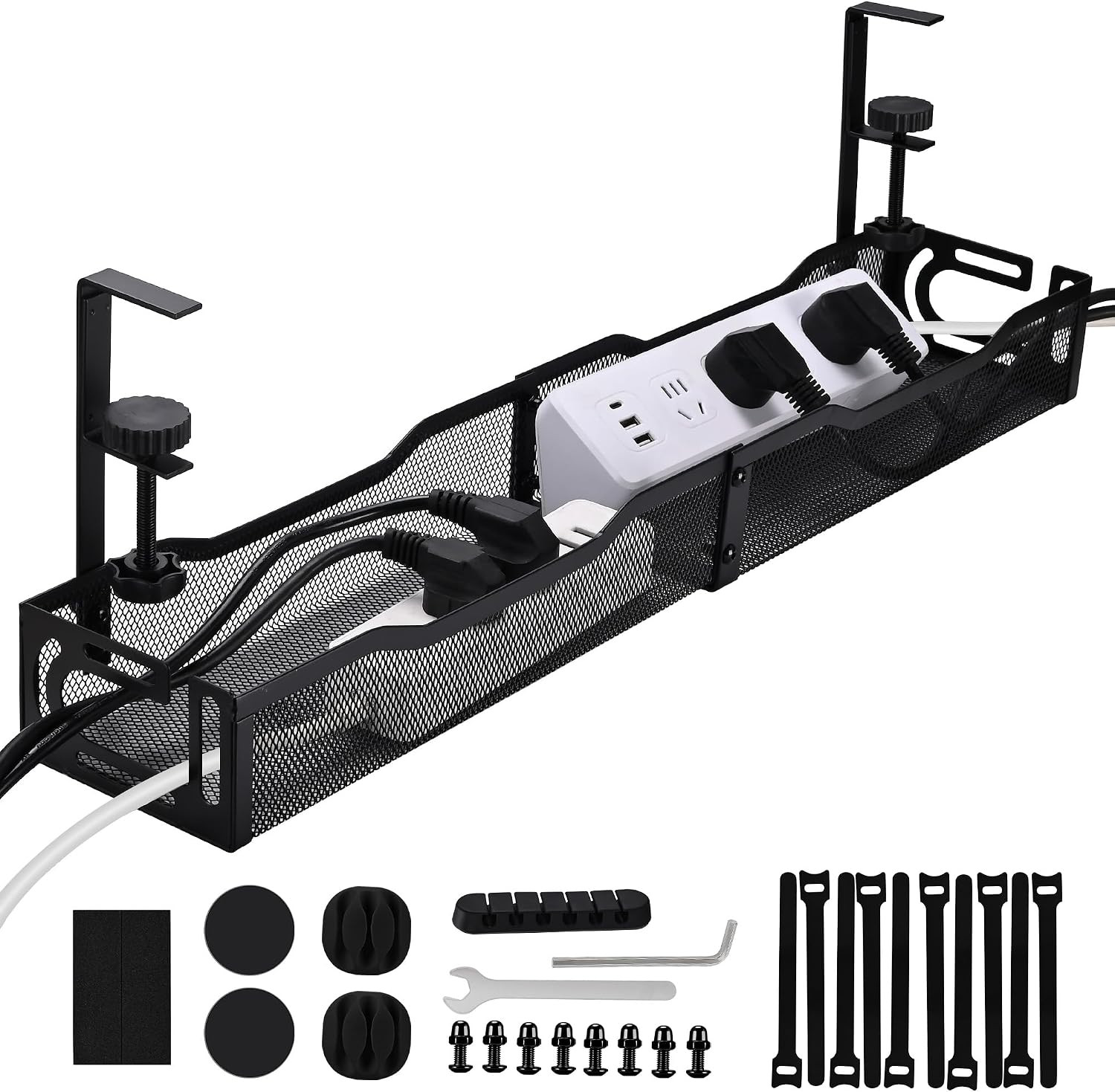 Under Desk Cable Management Tray 25.3 Inch, Clamp-On Cable Organizer Box for Sta