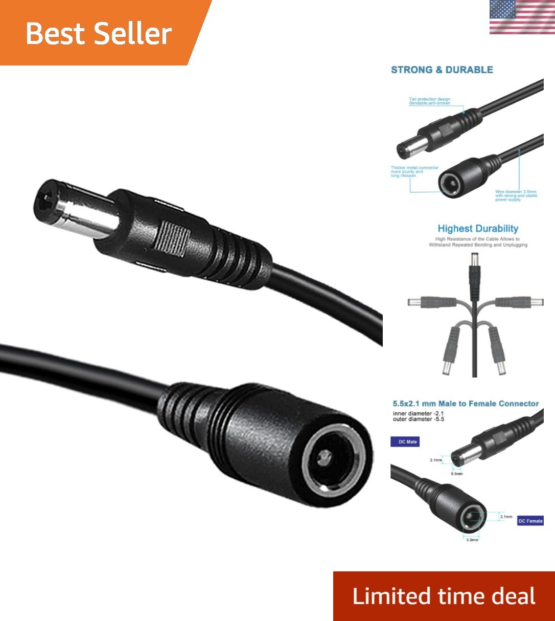 Versatile 6FT DC Power Extension Cable for CCTV,  Cameras & LED Strips